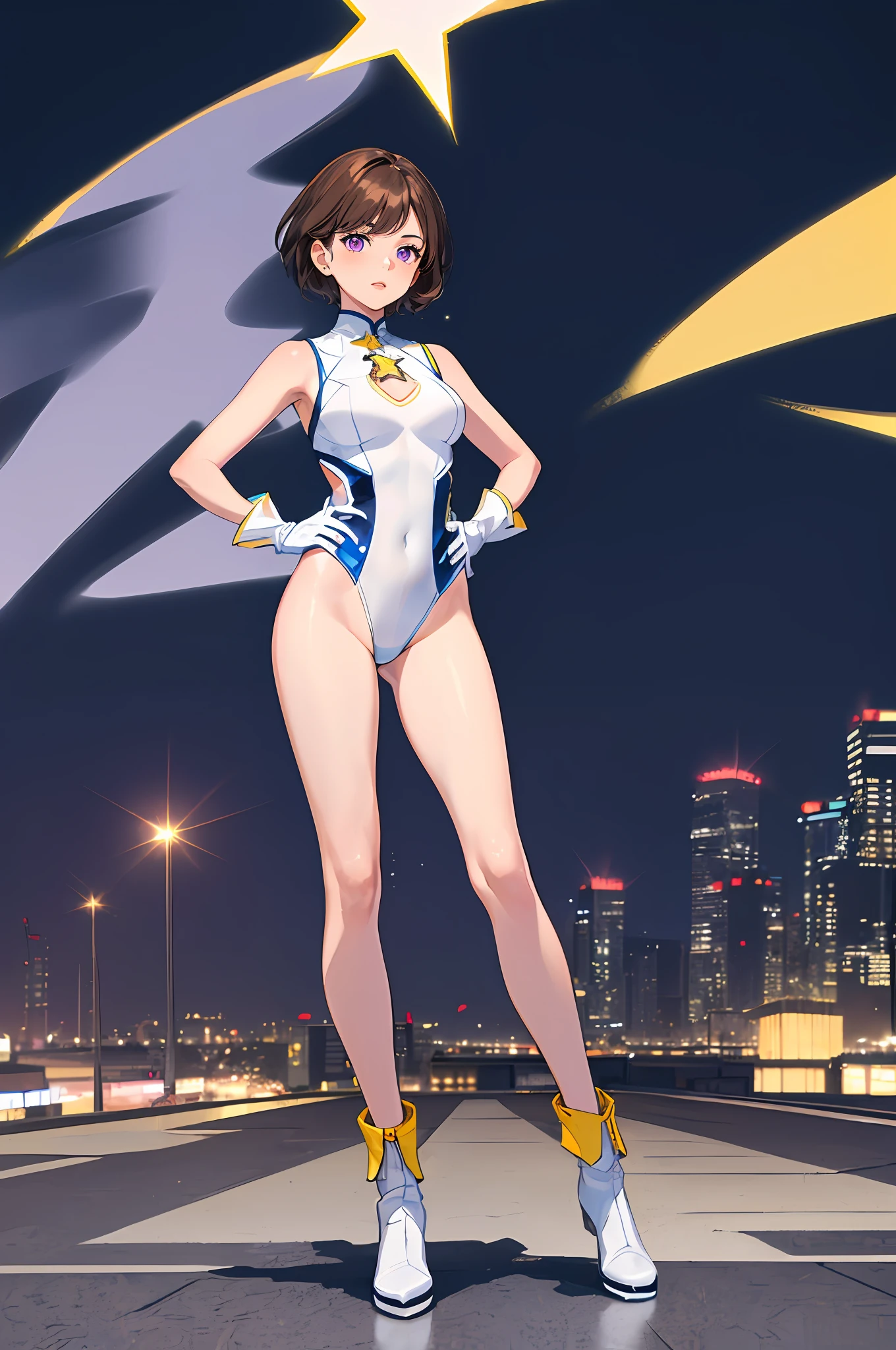 1girl, solo, short hair, brown hair, purple eyes, (full body), standing, hands on hip, (sleeveless blue, white and red leotard with yellow accents and star emblem embedded in chest area), (matching white gloves), ((bare legs)), superhero, tokyo city backdrop, matching boots, medium breasts, 20 age