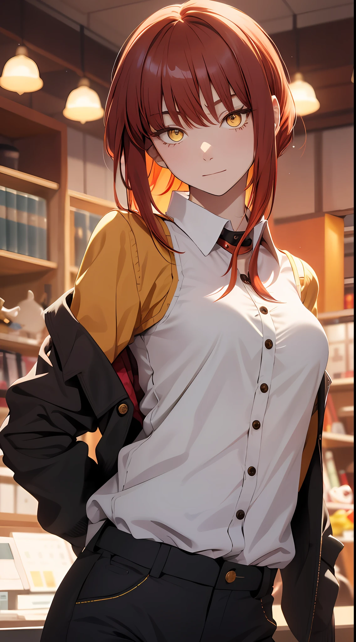 (tmasterpiece,best qualtiy:1.2),独奏,1girll,red hair,Off-the-shoulder attire,face expressionless,Yellow eyes,Makima,,Buttonless shirt,There is a collar,on the chest,A lot of,Black buttonless pants,Wide buttock,