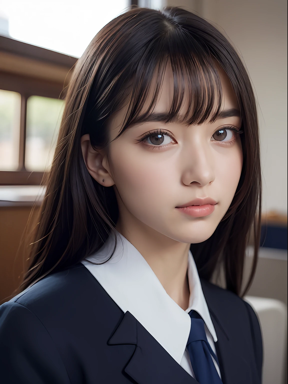 8K, Best Quality, 1girl, (skindentation), Morning, (Bright), Blurred background, Indoors, (Street:0.6), (People), Beautiful Bangs, Gorgeous,, (Dress, Uniform:1.3),Soft Lighting, Attractive, Classroom,School, Desk,Chair ,White Light, (closed mouth:1.2, beautiful eyes, detailed eyes, detailed iris, beautiful lips, beautiful nose, beautiful face)