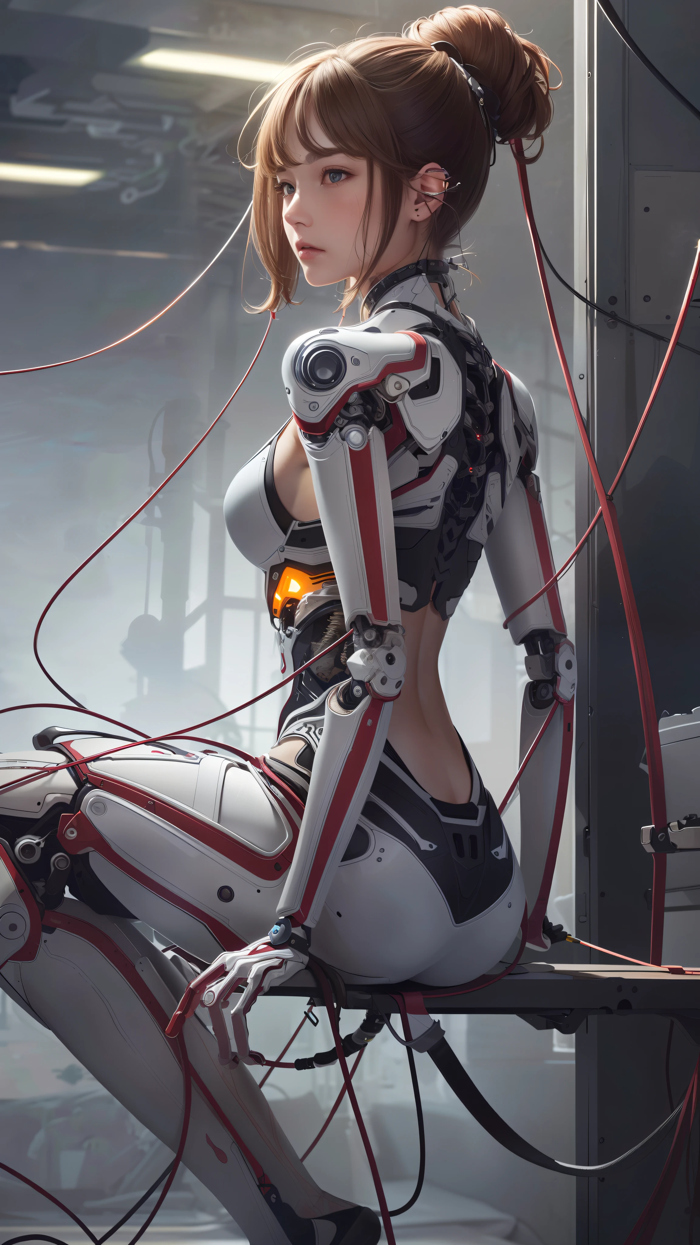 (((masterpiece))), (((best quality))), ((ultra-detailed)), (highly detailed CG illustration), ((an extremely delicate and beautiful)),(from side),cinematic light,((1mechanical girl)),solo,full body,(machine made joints:1.2),((machanical limbs)),(blood vessels connected to tubes),(mechanical vertebra attaching to back),((mechanical cervial attaching to neck)),(sitting),expressionless,(wires and cables attaching to neck:1.2),(wires and cables on head:1.2)(character focus),science fiction,extreme detailed,colorful,highest detailed