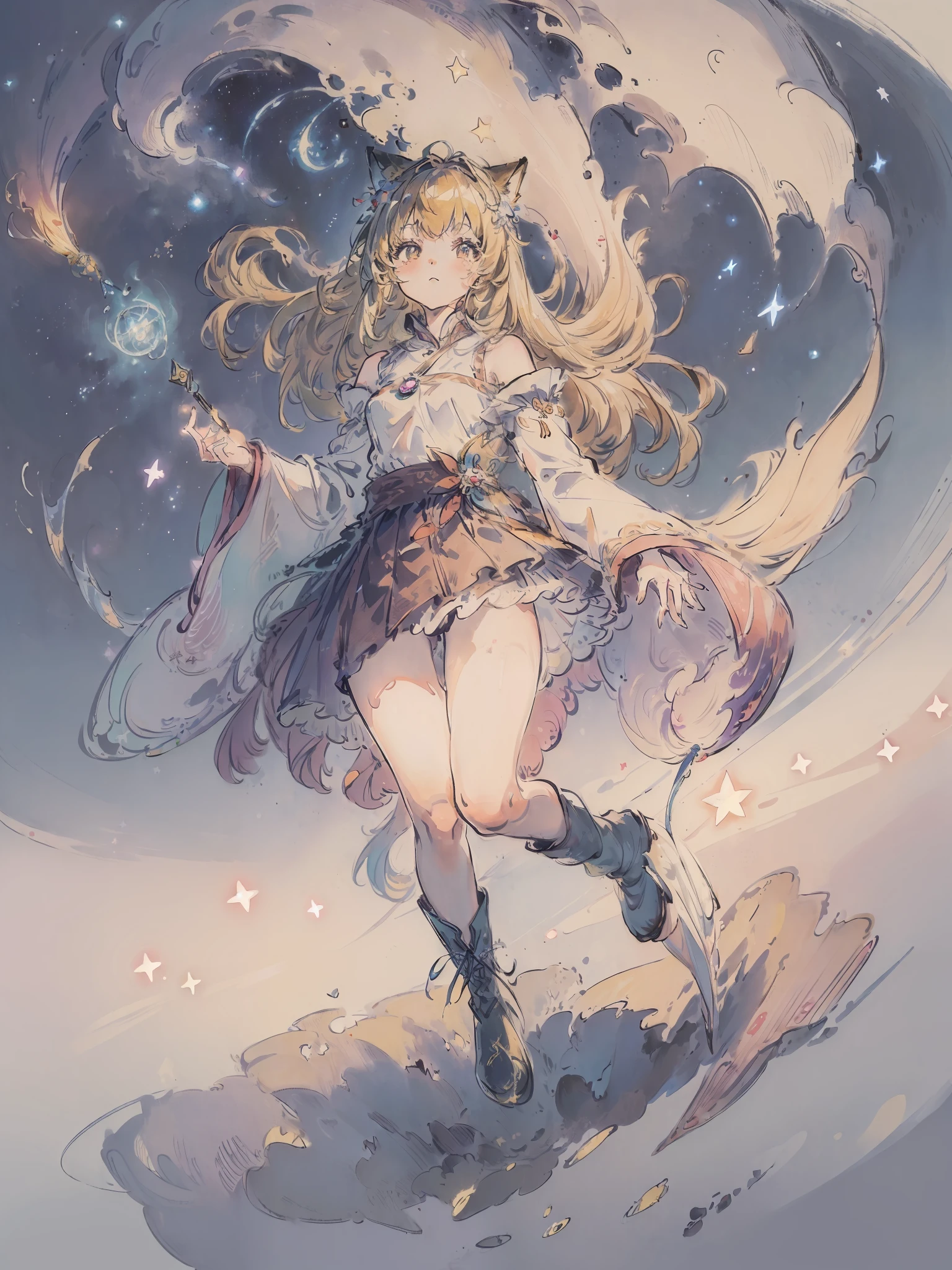 Accompanied by a cute cat、((magical )), ((Gorgeous starry sky background)), ((ultra-definition)), ((Best Illustration)), ((cinematlic lighting)), dynamic ungle, floating, filigree, (Glitter:1.2 )、(brilliance:1.2)、(brilliance:1.2)、classic、(painted:1.1)、(Sketched:1.1)、(top-quality)、(masterpiece:1.2)、(Anime style)、(独奏)、Beautiful detail face、(cute face:1.3)、(big eye:1.3)、colourful hair、(length hair:1.2)、(Floating hair:1.2)、(Magical Girl Costumes)、detailed costume、(Shining wand:1.3)、(Magic Effects:1.3)、(flowing skirt:1.2)、(Cute boots:1.1)、(Transparent raw land:1.1)、(shimmer:1.2)、(Glow:1.2)、(brilliance:1.2)、(flickering:1.2) , (Dazzle:1.2)