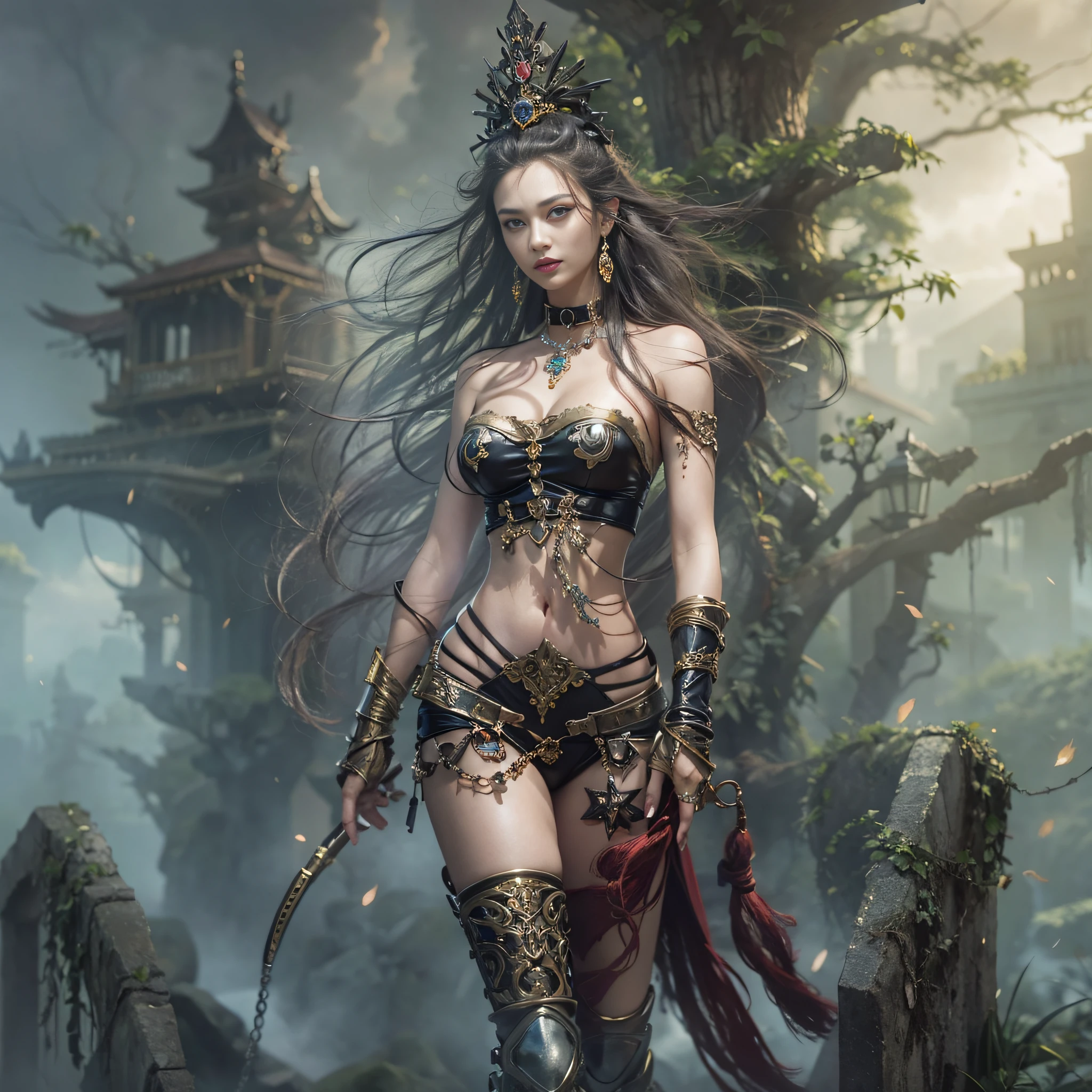 ((masterpiece)、(top-quality)、(reallistic))、beautiful queen:1.4、Bondage style、latex shiny、By Luis Royo:1.4、1girl in、Sexy Daughter、Attractive earrings with impressive beauty、a choker、a necklace、piercings、(Super beauty)、Super Ultra Ultra Bikini、standingn、fullllbody:1.4、(Beauty in return)、Fantastic mythological landscape