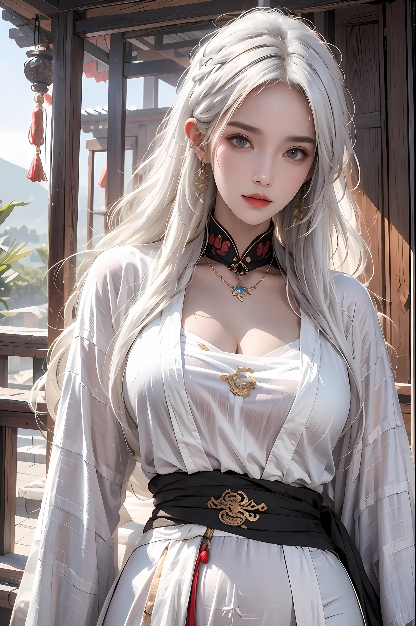photorealistic, high resolution, soft lights, 1women, solo, hips up, look at viewer, (detailed face), white hair, long hair, colorful Taoist robe,oversized clothes, midjourney portrait, jewelry