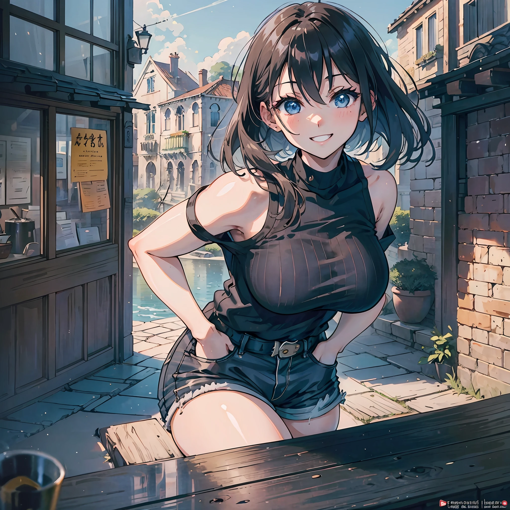 pretty girl sitting on bricks, (1girl in:1.3), Bangs, absurderes, Bracelet, Bare shoulder, ( black t-shirts + Short pants),ultra-detailliert, Blue eyes,slender, masterful technique, Long hair, animetic, Solo, Dark hair, High quality, masutepiece, Venice、grey sky、myst、(Lovely Big Breasts + wide-hips),[wide-hips] Put your hands in your pockets ,Smile with teeth, ((Smile with eyes, winc)),Beautiful Girl, Detail Face, detail hands, (ultra detail eyes),sexy facial expression