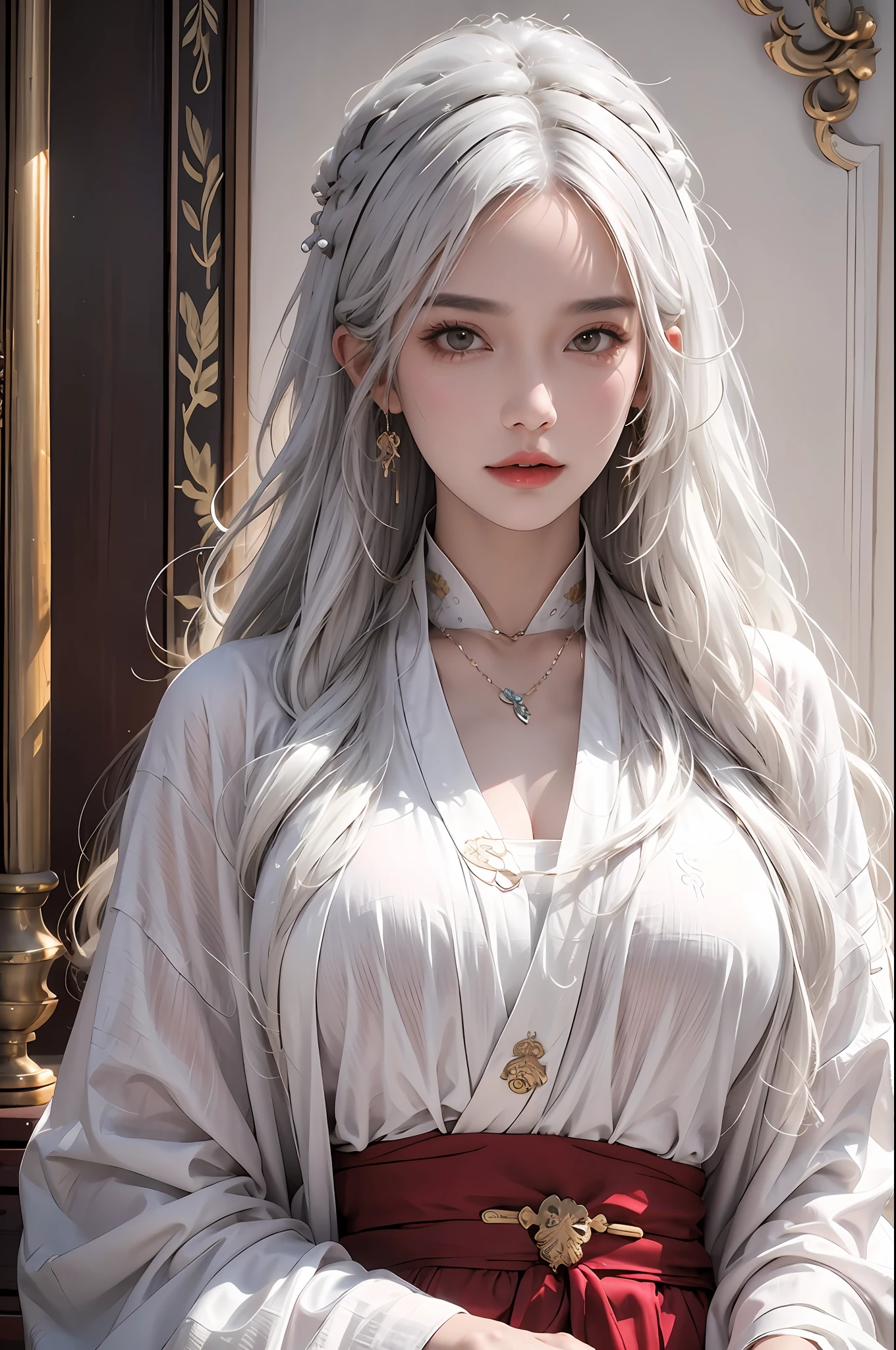 photorealistic, high resolution, soft lights, 1women, solo, hips up, look at viewer, (detailed face), white hair, long hair, colorful Taoist robe,oversized clothes, midjourney portrait, jewelry