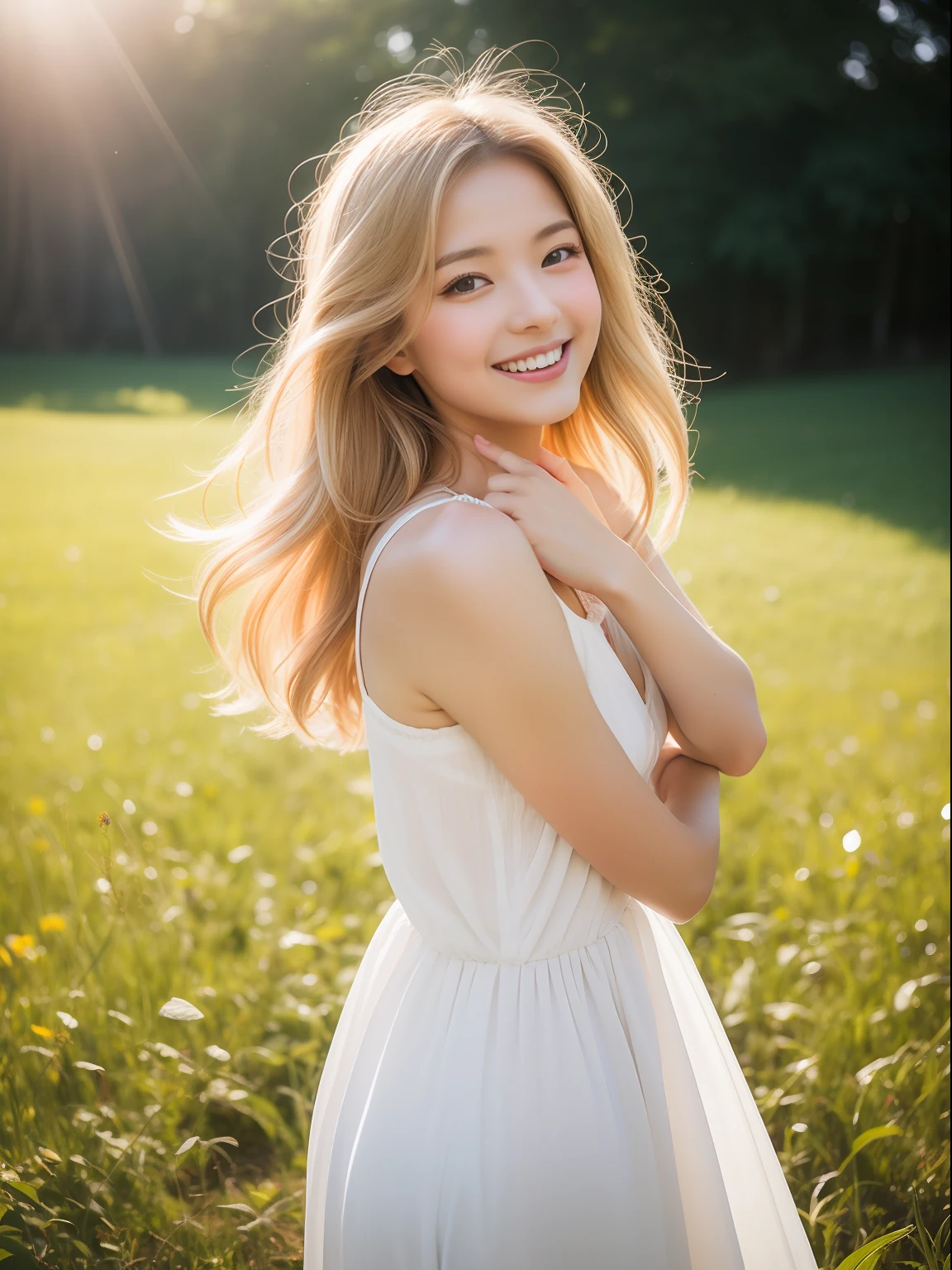 masterpiece, best quality,  Capture a candid moment of a youthful German girl in a flowy white dress, with golden locks of hair reflecting the sunlight as she radiates pure joy and warmth. The photograph should capture the essence of healing and cheerfulness. Inspired by the work of photographer Lena Donauer, use a warm and bright color temperature to enhance the glow on the subject's face. The lighting should be natural, with soft shadows and a gentle breeze to emphasize the ethereal quality of the scene. Shot with a Canon EOS R5 camera, using a 35mm lens with an aperture of f/1.8, ISO 200, and a shutter speed of 1/800 sec. Vignette and light leaks, with a soft focus, should also be added in post-processing to create an idyllic, dreamy quality. UHD dtm HDR 4k