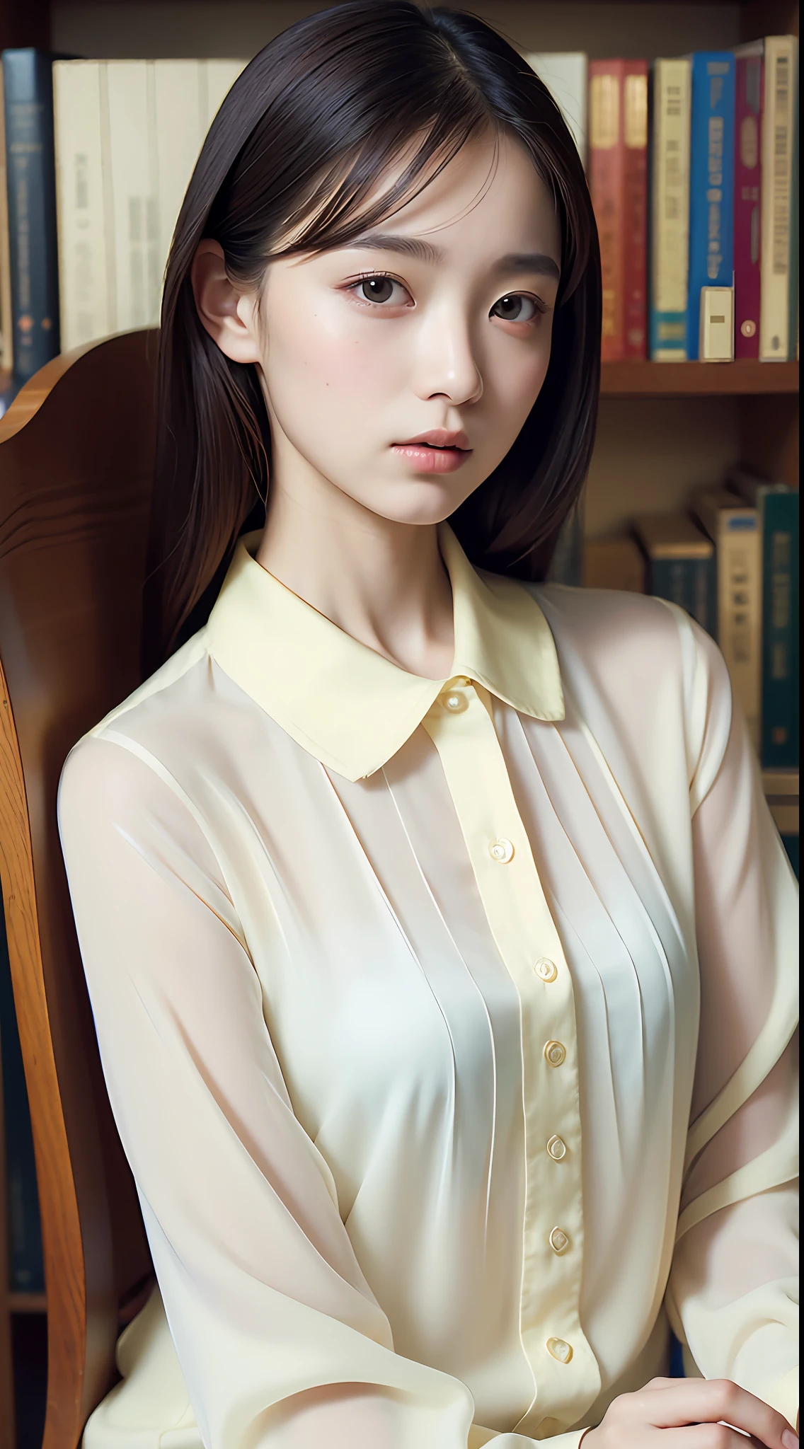 Arafed woman sitting in a chair in front of a book shelf - SeaArt AI