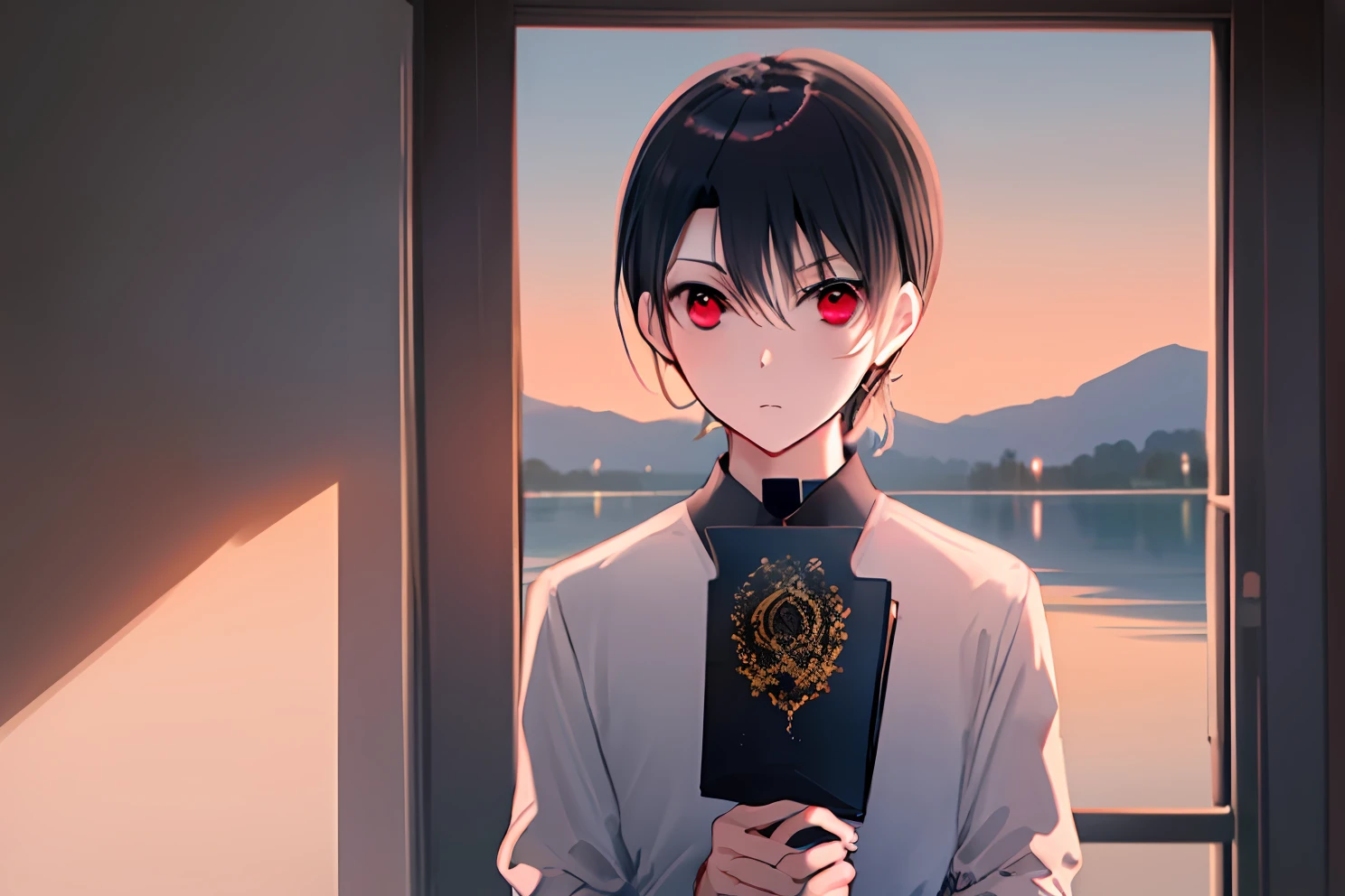 ((Primary work)), ((melhor qualidade)), High, ((((Illustration of a book)))), (((((He has a Caliber 38 Special revolver in his right hand, holding it correctly to shoot)))))), (((A boy with short black hair and red eyes))), ((( (There is only one person)))), Kiyotaka Ayanokuji, ((((adolescente de 15 anos)))), (((men's school uniform white shirt black jacket open jacket long black pants))), ((Olhos vermelhos))), (((((cabelo preto curto))))))), ((corpo inteiro anatomicamente correto)), pernas normais, ((usa sapatos pretos)), ((He has a scared face and confusion)), ((Detailed full scenario)), ((mystery)), ((horror)), ((Tempo tenso)), Postura equilibrada, blush sutil | | | | | | | | | | | | | | |, Pingente de cristal BREAK golden hour, (Rim lighting): 1.2, tons quentes, Brilho solar, sombras suaves, cores vibrantes, painterly effect, dreamy atmosphere BREAK scenic lake, montanhas distantes, salgueiro, calm water, reflection, nuvens iluminadas pelo sol, Tranquil setting, idyllic sunset, Ultra Detalhado, Arte Oficial, Unity 8k papel de parede, Zentangle, mandala