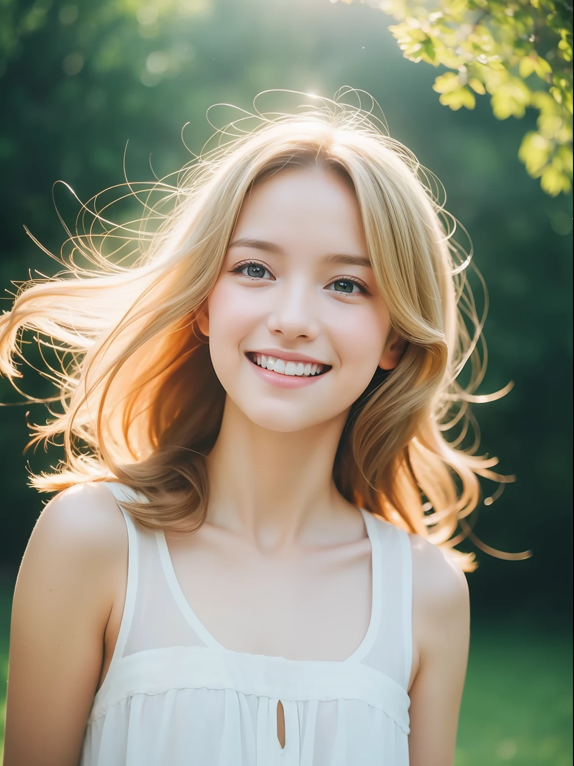 masterpiece, best quality,  Capture a candid moment of a youthful German girl in a flowy white dress, with golden locks of hair reflecting the sunlight as she radiates pure joy and warmth. The photograph should capture the essence of healing and cheerfulness. Inspired by the work of photographer Lena Donauer, use a warm and bright color temperature to enhance the glow on the subject's face. The lighting should be natural, with soft shadows and a gentle breeze to emphasize the ethereal quality of the scene. Shot with a Canon EOS R5 camera, using a 35mm lens with an aperture of f/1.8, ISO 200, and a shutter speed of 1/800 sec. Vignette and light leaks, with a soft focus, should also be added in post-processing to create an idyllic, dreamy quality. UHD dtm HDR 4k