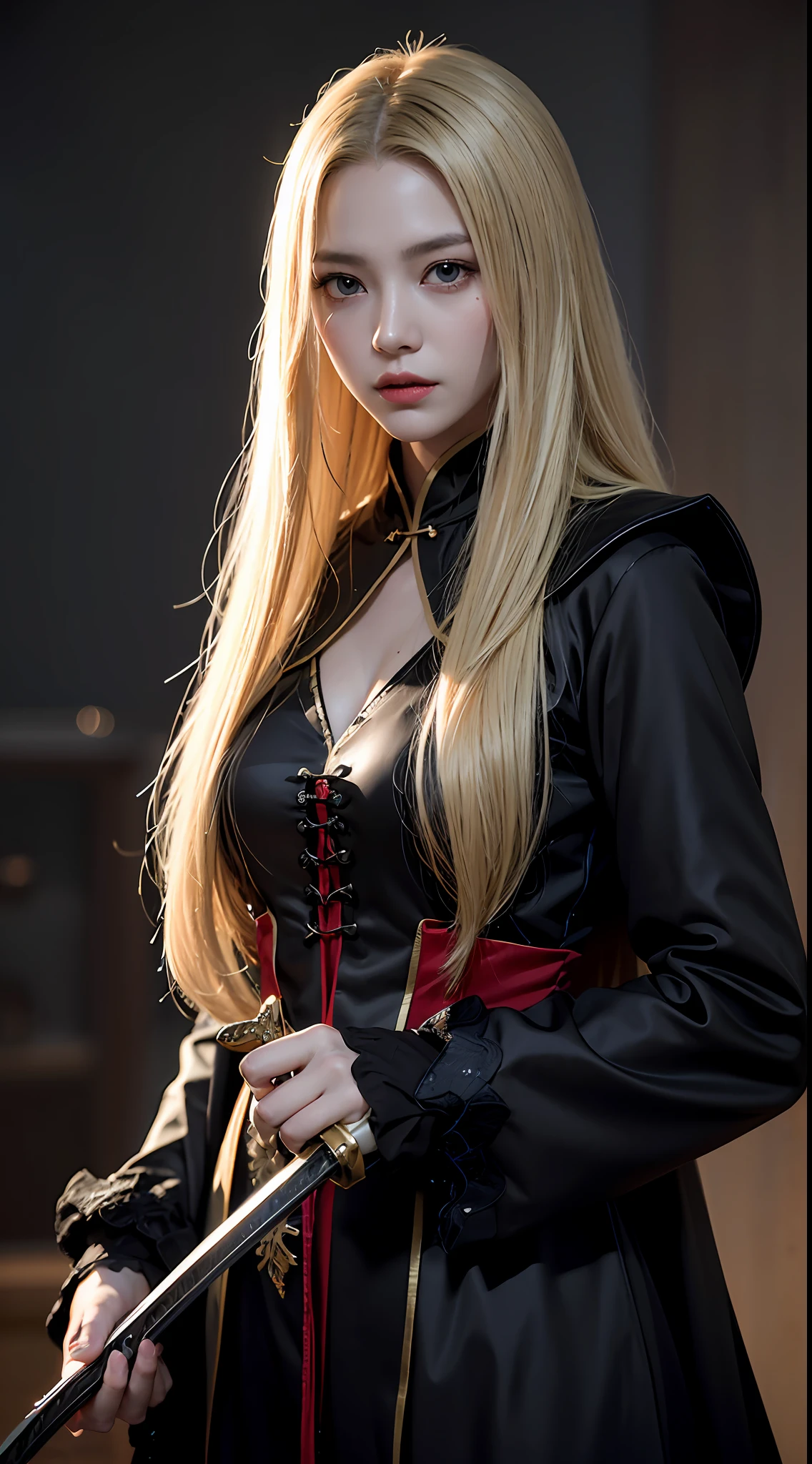 Best quality, Masterpiece, 超高分辨率, (Photorealistic:1.4), RAW photo, 1 Vampire girl, Long blonde hair, Detailed eyes and face, (Weave black vampire costumes, Bring 1 eccentric sword), spot lighting, In the dark, deepshadow, low tune, Cowboy shoots full-length body, ((Open eyes:0.4)), Lightning cloud,
