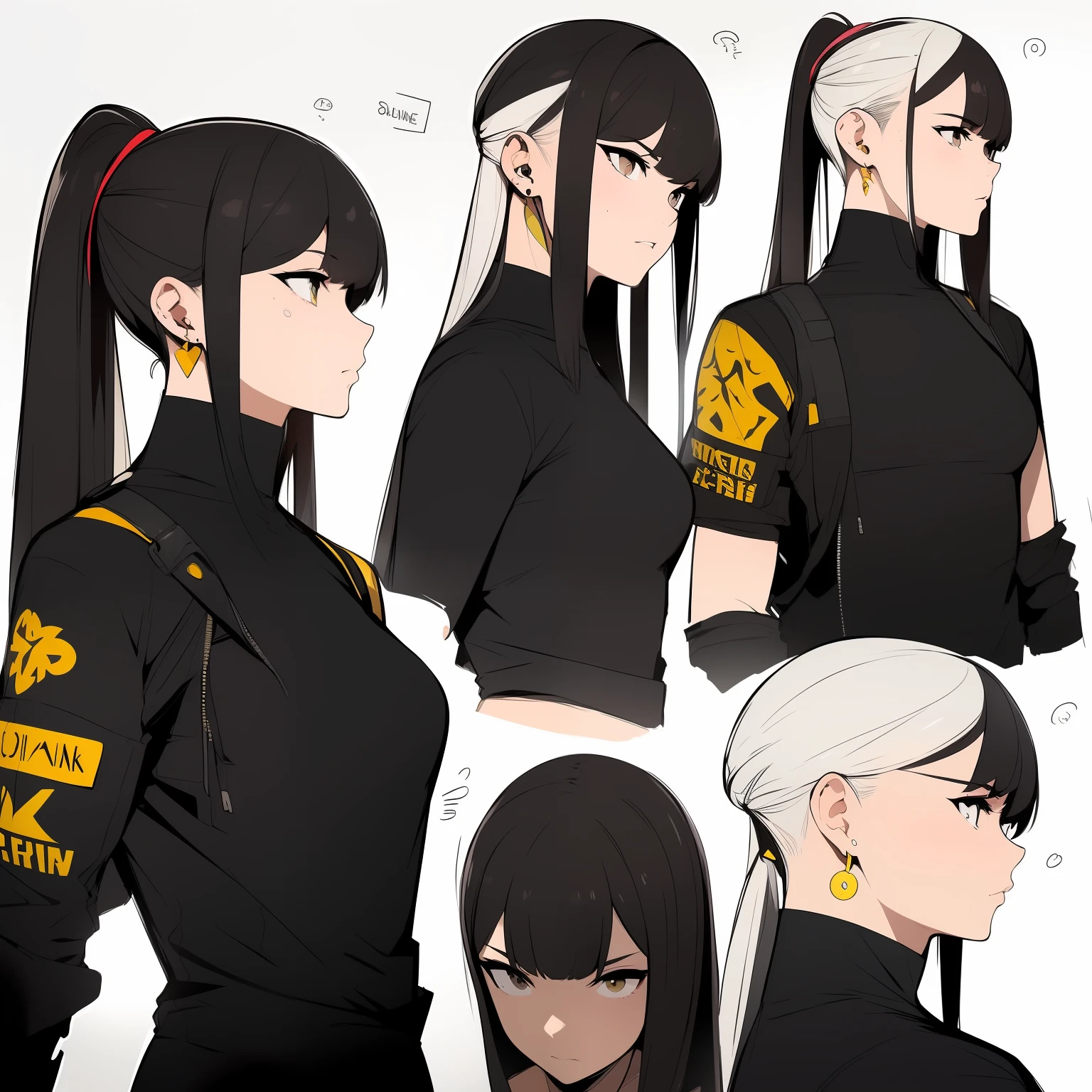 Yellow theme,Masterpiece,Best quality,offcial art,Extremely detailed Cg Unity 8K wallpaper,1girll, joy, Anger and sadness on various expressions,Single ponytail hairstyle,Glowing fist,Mechanical headphones,(((Red gradient battle suit))),a black cloak,Hand-held laser metal weapons,White hair,character design,Zhuzeshegi,Sketch line diagram,
