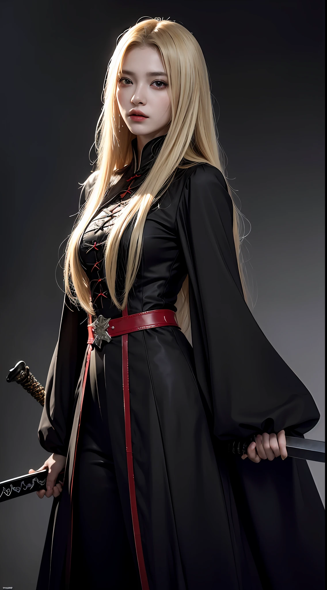 Best quality, Masterpiece, 超高分辨率, (Photorealistic:1.4), RAW photo, 1 Vampire girl, Long blonde hair, Detailed eyes and face, (Weave black vampire costumes, Bring 1 eccentric sword), spot lighting, In the dark, deepshadow, low tune, Cowboy shoots full-length body, ((Open eyes:0.4)), Lightning cloud,