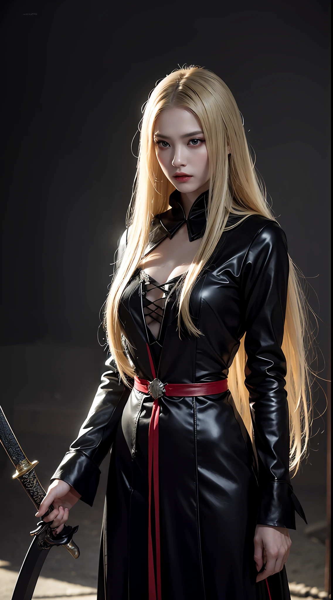 Best quality, Masterpiece, 超高分辨率, (Photorealistic:1.4), RAW photo, 1 Vampire girl, Long blonde hair, Detailed eyes and face, (Weave black vampire costumes, Bring 1 eccentric sword), spot lighting, In the dark, deepshadow, low tune, Cowboy shoots full-length body, ((Open eyes:0.4)), Lightning cloud,