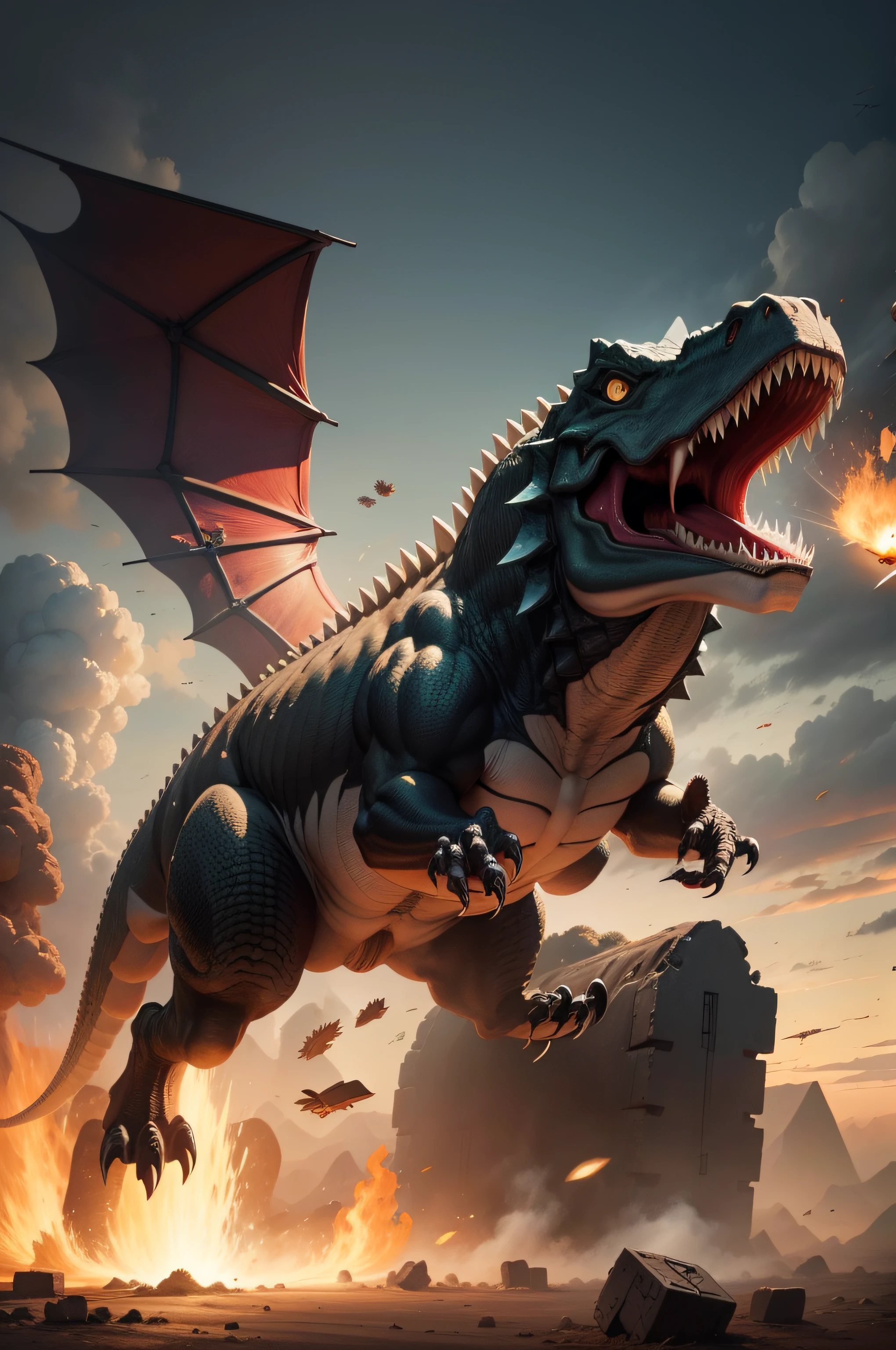 Tiranossauro rex destruindo um carro, Pieces flying everywhere. imagem realista dos elementos, com um fundo branco