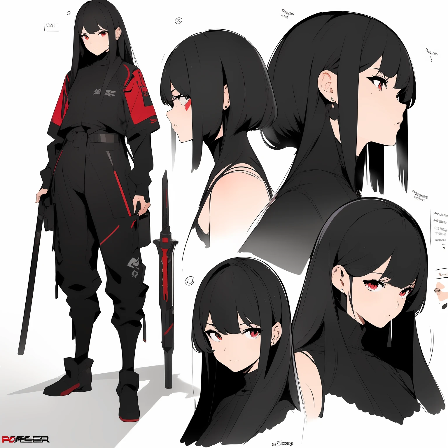 Masterpiece,Best quality,offcial art,Extremely detailed Cg Unity 8K wallpaper,1girll, Black and red combat uniforms，Long weapons，Red gradient hair，character  design，Zhuzeshegi，simplebackground，parchment，Sketch line diagram。Red power armor。