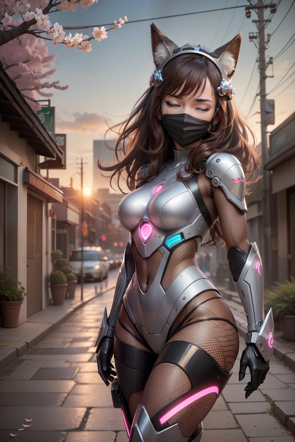 full body, cowboy shot, Masterpiece:1.2, high quality, best quality, high resolution, detailed, hyper realistic, 1girl, medium brown hair, blue eyes, head tilt, sunset, birds flying, cherry blossom, closed eyes, smile, showing teeth, (detailed face), ((sharp focus)), (full body shot), neon signs, ancient ruins, robot (robot fox face mask), (fishnet)