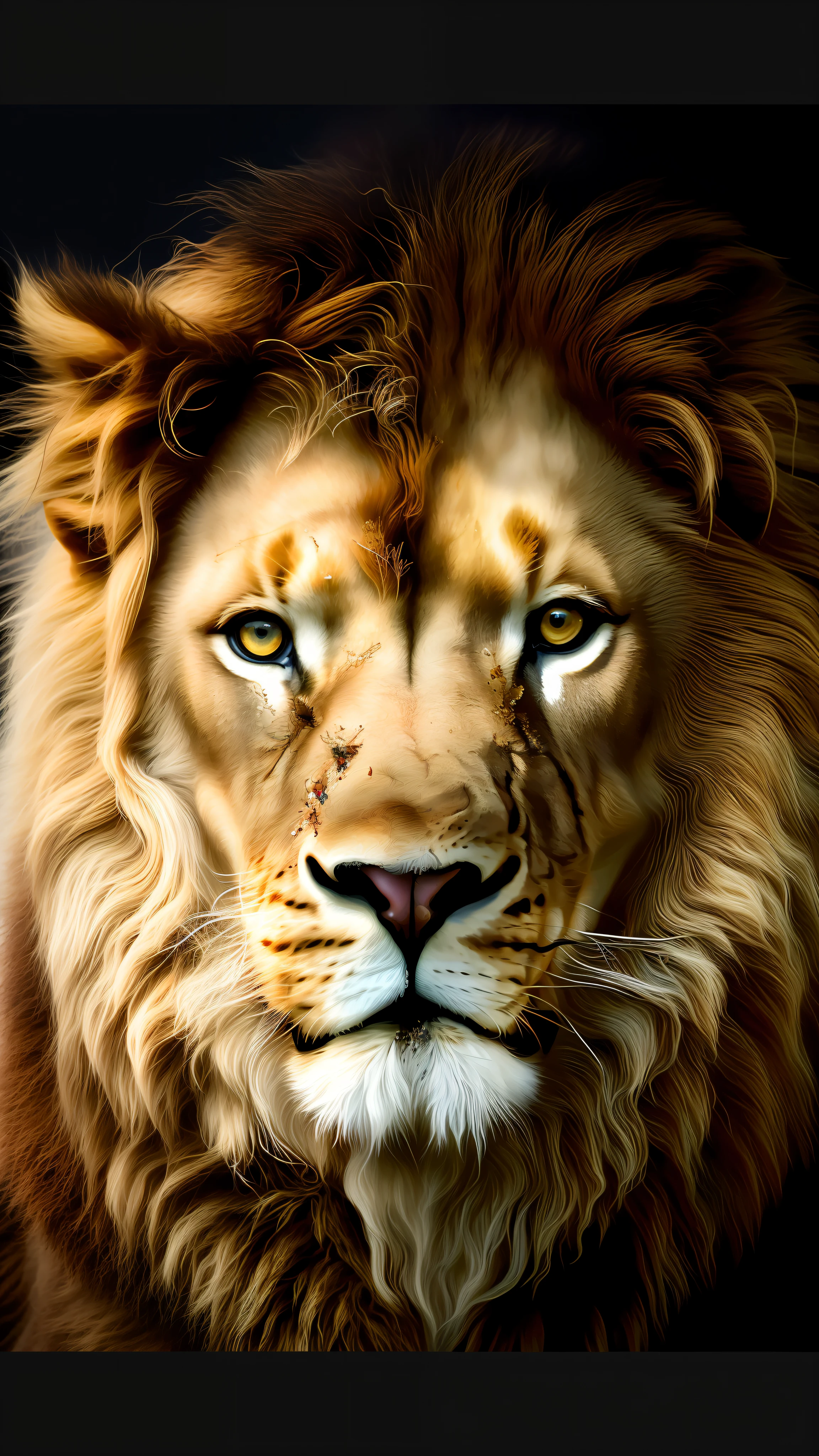 A closeup of a lion with a bloodied face and a cross on his face, half lion, Rei da selva, Senhor da Selva, Rei dos Reis, awesome art, Aslan the Lion, Directed by: Derek Zabrocki, estilo rick baker, with the mane of a lion, prophetic art, arte realista, lionardo davinchi, ultra realistic!!!