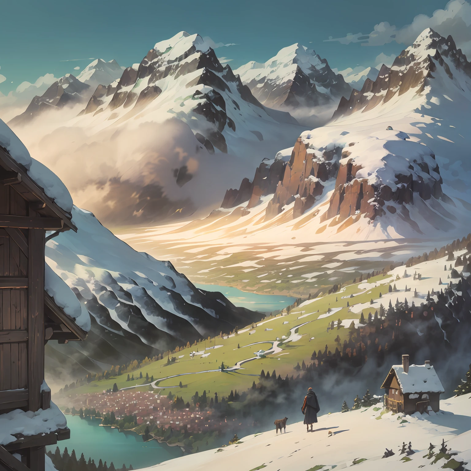 Layers of mountains,One after another,Clear river,Trail along the mountains,Herds of cattle and sheep,Walking monks,Towering snow-capped mountains,Chalet halfway up the mountain,epic,spectacular,scenecy