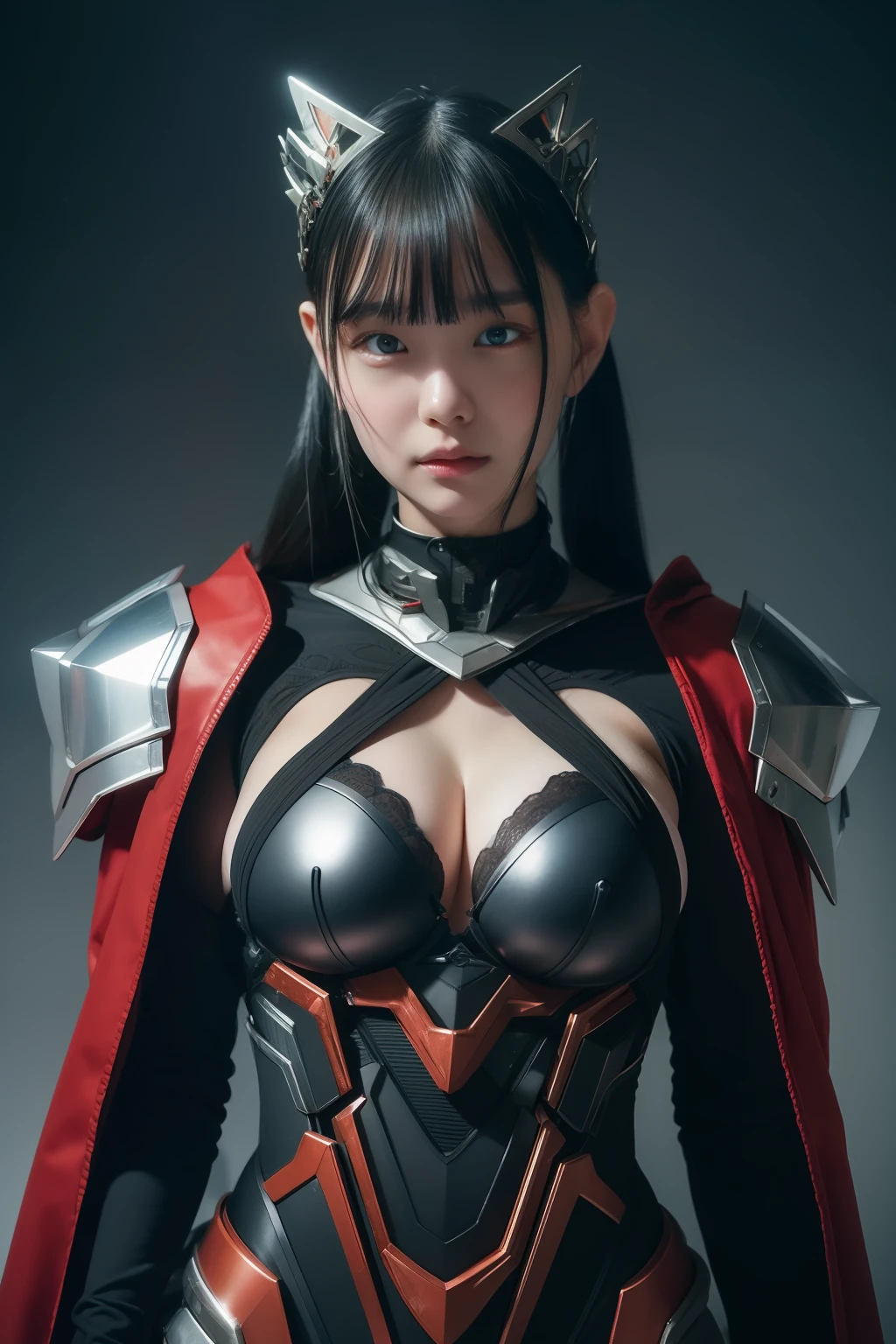 Exoskeleton mecha，Afophialism，Red theme style，Romantic Coco Style，offcial art，Wallpapers by Unity 8K，Hyper-detailing，Master masterpieces，，best qualtiy，A woman who says，（Very detailed），（RAW Photos，best qualtiy），（Realistis，realisticlying：1.3），High- sharpness，Lightly open your mouth，Ultra Detailed Complex 3D Rendering of Face，（Colossal tits：8.8），（highly detailedskin：1.2），（revealing private parts，：1.1），Beautiful Caucasian woman with big buttocks soft breasts and fair skin（toppless）， ，boobgasm，black colored hair，e Blue Eyes，Long grey hair，（（Clear Silk Rope Miniature Bikini）），dynamic angle，mysterious expression，Fireglow effect，Fantasy background，edge lit，Side brightness，cinematric light，hyper HD，8K，film grains，Best Shadow，light particules，detailed skin textures，Detailed gemstone armor texture，A detailed face，intricate detailes，ultra-detailliert，brightened，sturdy，Silver armor，cleavage，Slender Abs， Have a shining weapon，Mecha Shield，pole，（Huge mecha crown with beautiful details）），radiant eyes，long cloak，Fanciful,,,,,（Realistis），