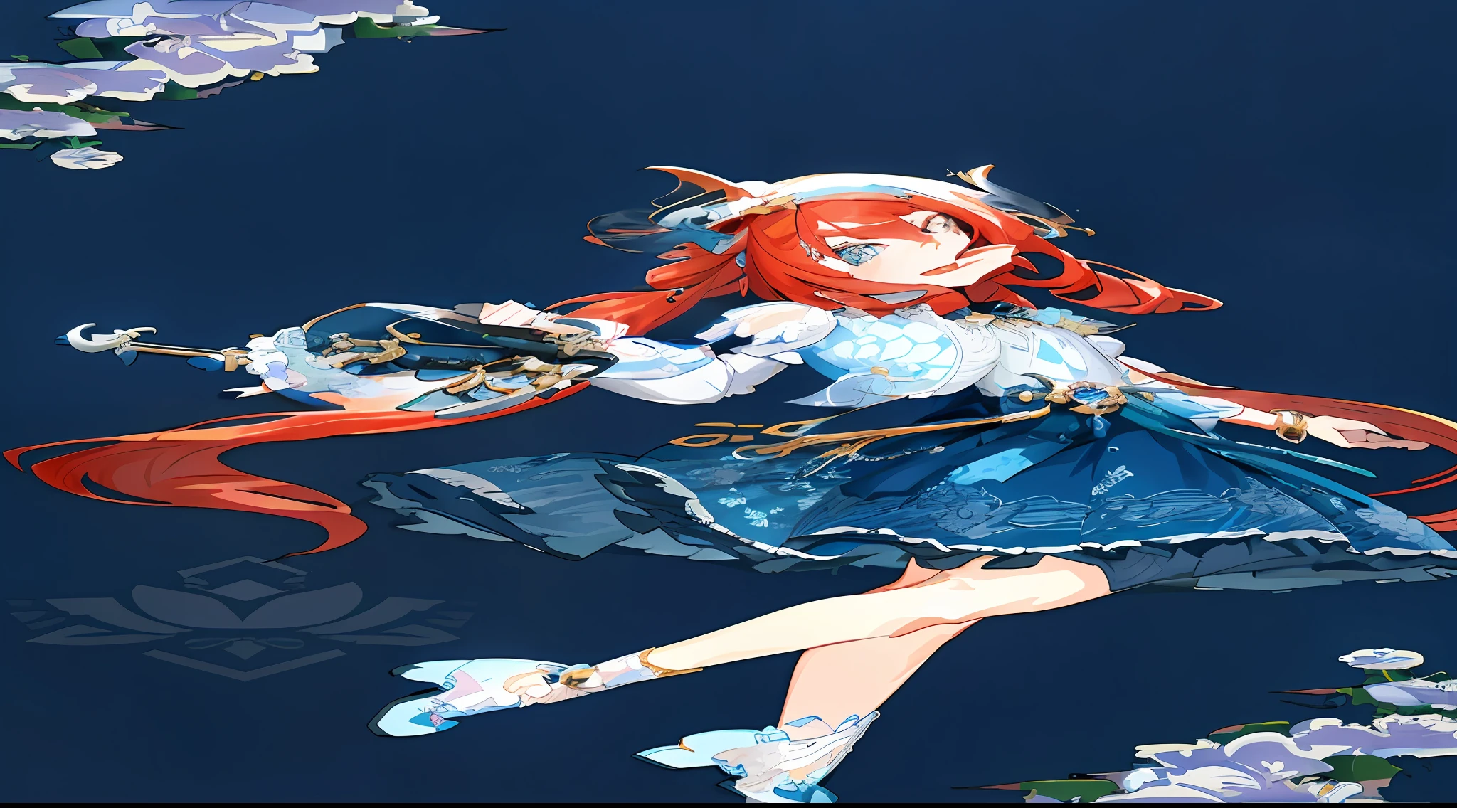 Anime girl with red hair and blue dress, Stylized anime, Kushatt Krenz Key Art Women, cute anime waifu in a nice dress, detailed anime character art, render of april, trending on artstation pixiv, Anime Stylization, Detailed key anime art, Detailed digital anime art, beatrice blue, pretty anime character design