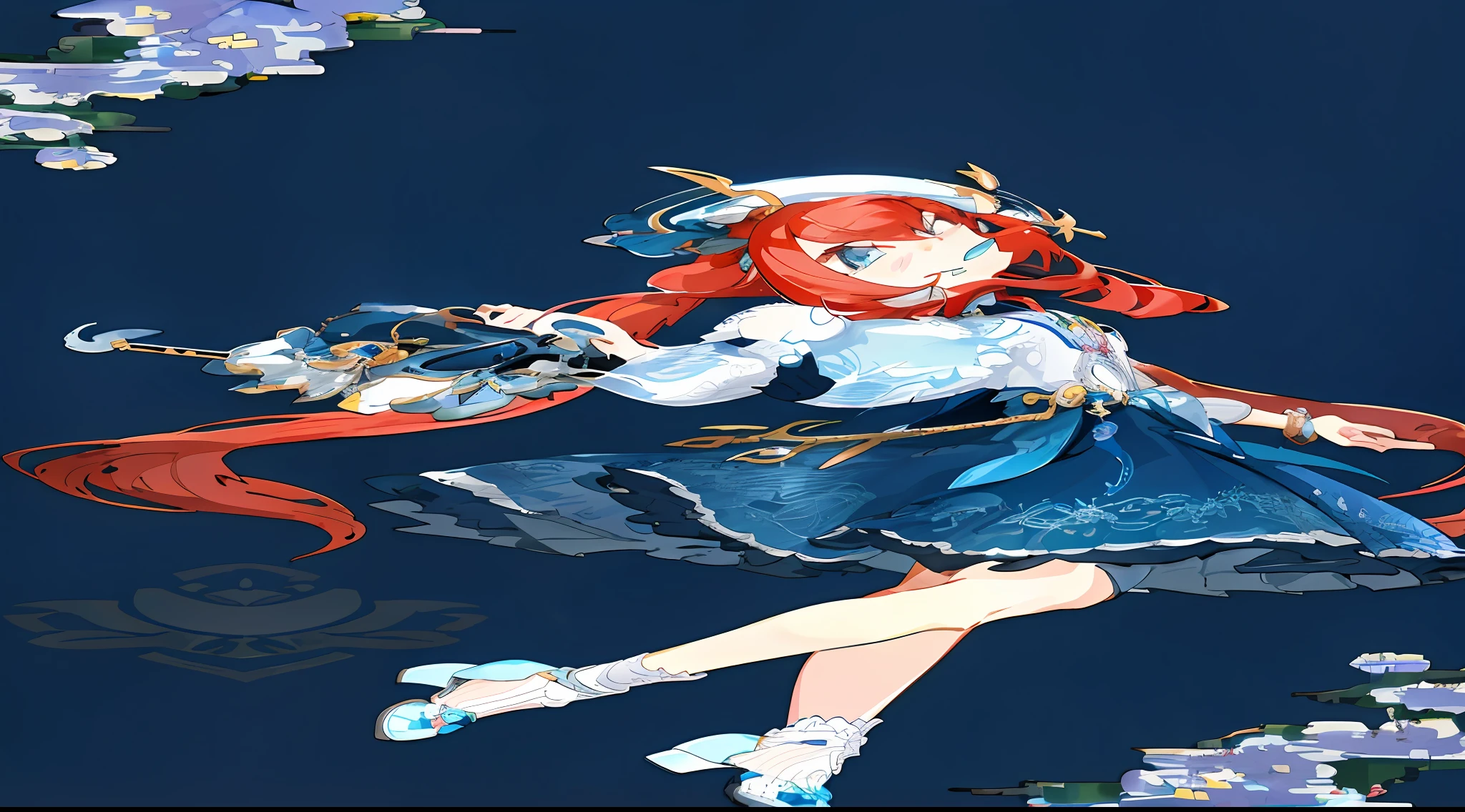 Anime girl with red hair and blue dress, Stylized anime, Kushatt Krenz Key Art Women, cute anime waifu in a nice dress, detailed anime character art, render of april, trending on artstation pixiv, Anime Stylization, Detailed key anime art, Detailed digital anime art, beatrice blue, pretty anime character design