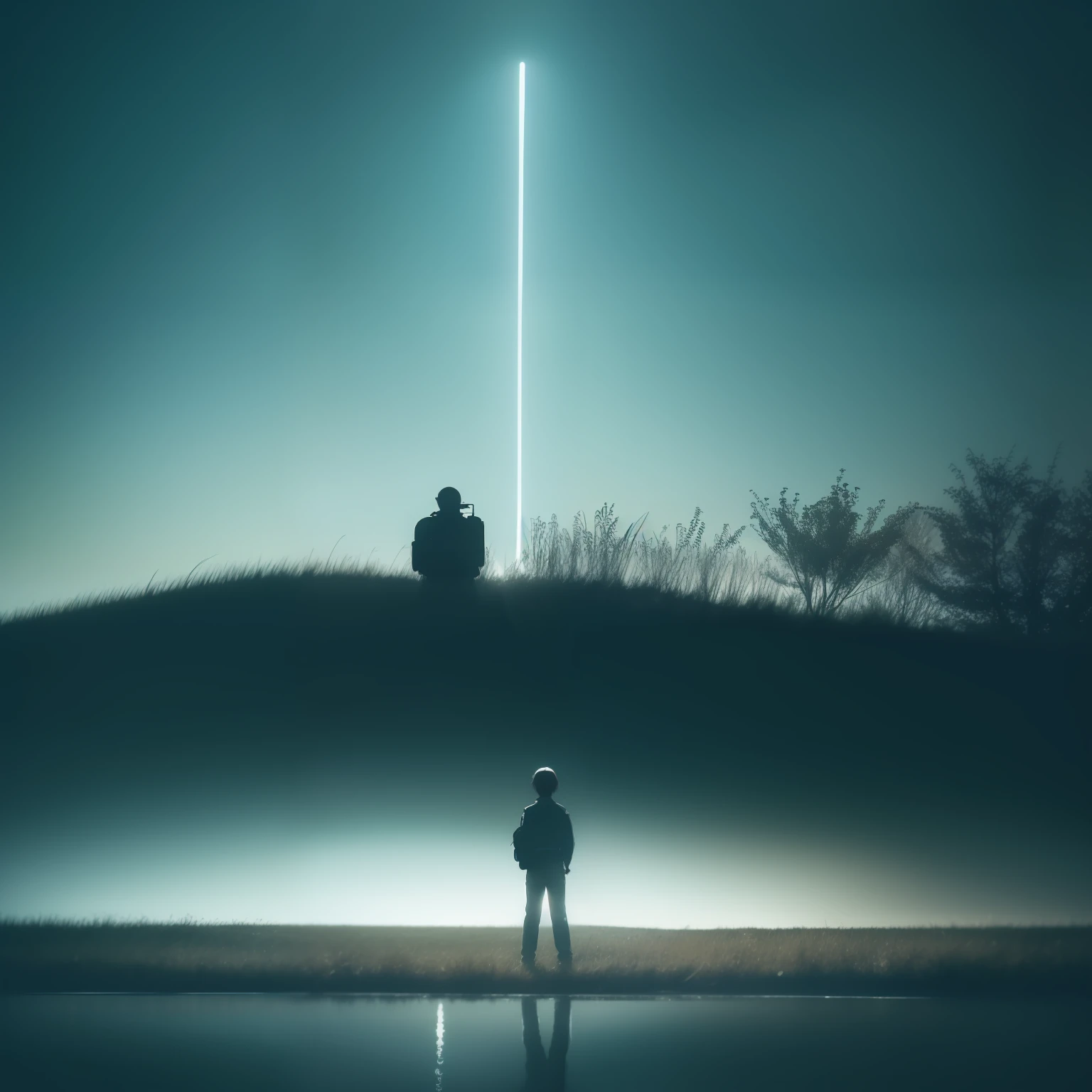 a close up of a person standing in the grass with a camera, upside down stranger things, inspired by Quint Buchholz, movie poster with no text, still from the movie the arrival, by Liam Wong, hq 4k phone wallpaper, timeless disturbing masterpiece, makoto sinkai, standing in a pond, standing in a lake, surreal flat colors