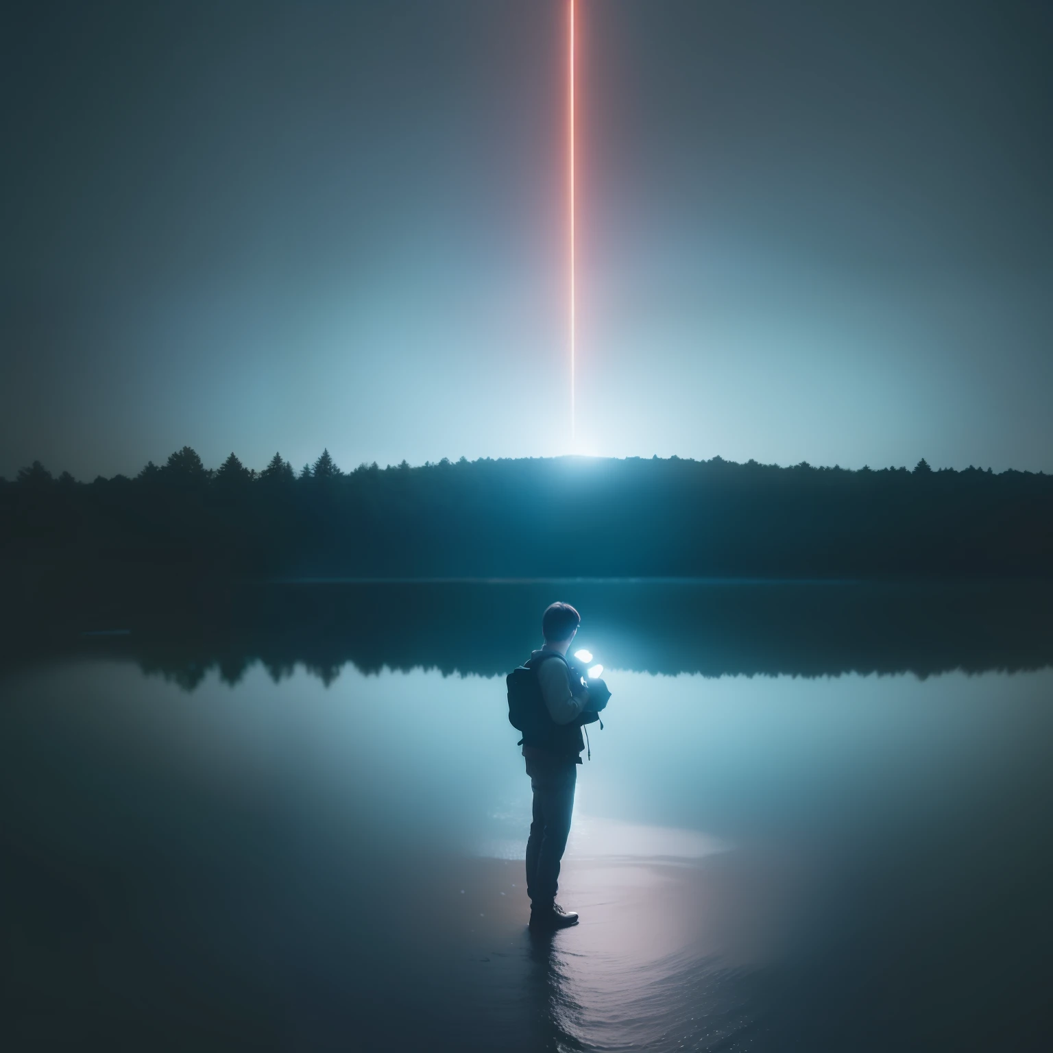 a close up of a person standing in the grass with a camera, upside down stranger things, inspired by Quint Buchholz, movie poster with no text, still from the movie the arrival, by Liam Wong, hq 4k phone wallpaper, timeless disturbing masterpiece, makoto sinkai, standing in a pond, standing in a lake, surreal flat colors