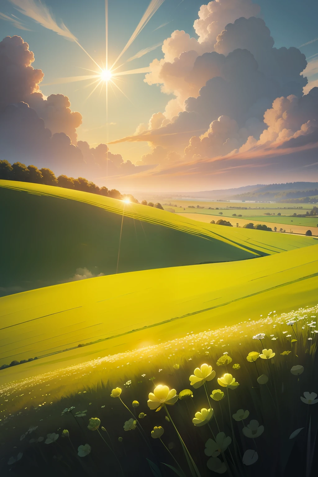 a field of clover grass with sun light and cloud