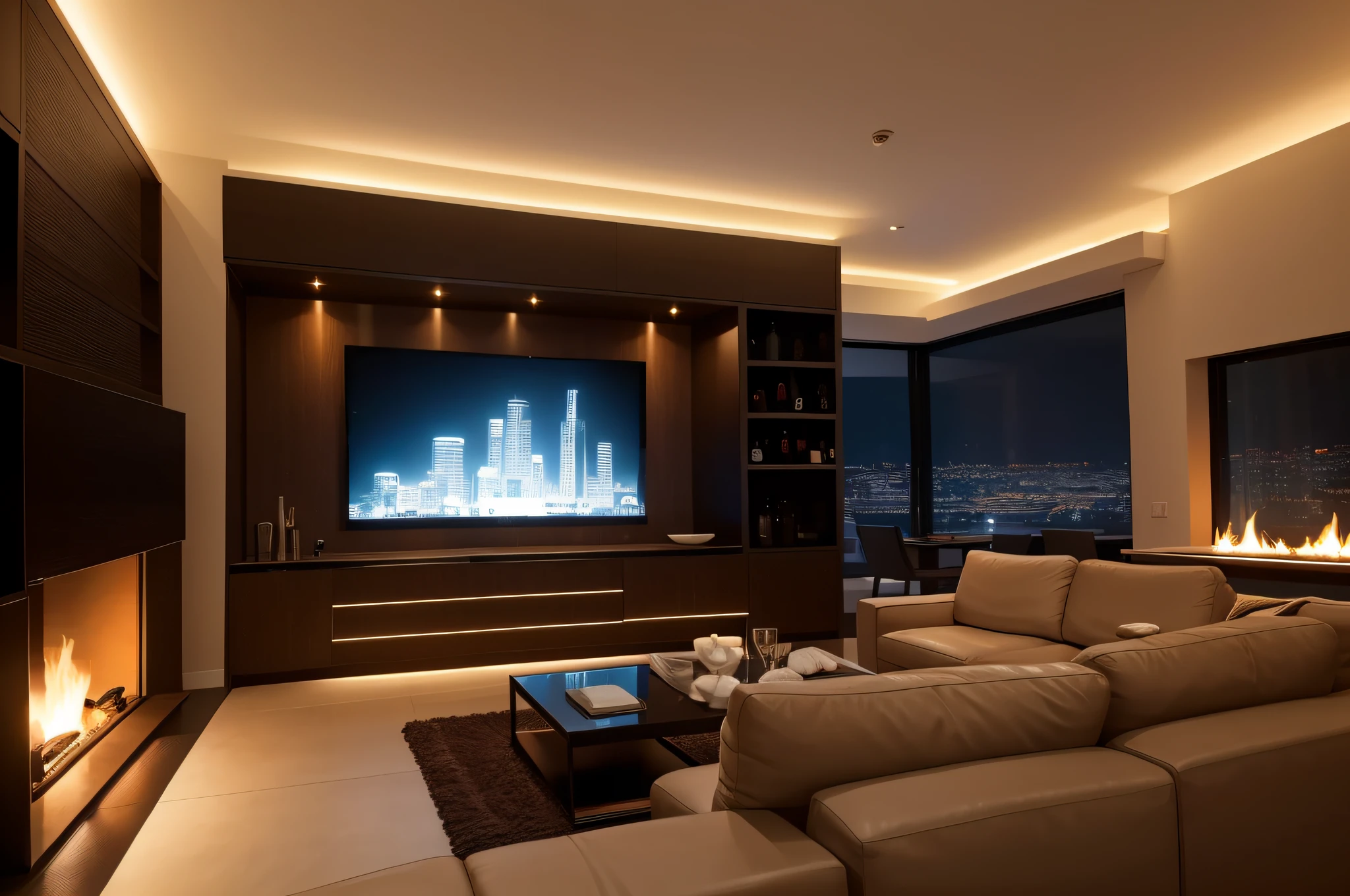 Modern living room design、Minibar and counter illuminated by ceiling lights、Backlight glows on alcohol-lined machetes、Large Projector Screen、Side fireplace、A fire glows in the fireplace々And burn