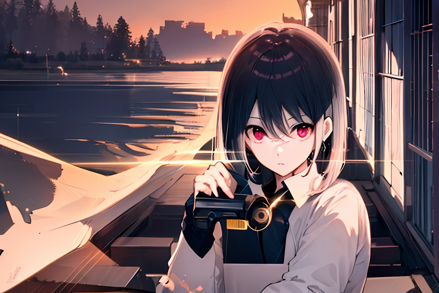 ((Primary work)), ((melhor qualidade)), High, ((((Illustration of a book)))), (((((He has a Caliber 38 Special revolver in his right hand, holding it correctly to shoot)))))), (((A boy with short black hair and red eyes))), ((( (There is only one person)))), Kiyotaka Ayanokuji, ((((adolescente de 15 anos)))), (((men's school uniform white shirt black jacket open jacket long black pants))), ((Olhos vermelhos))), (((((cabelo preto curto))))))), ((corpo inteiro anatomicamente correto)), pernas normais, ((usa sapatos pretos)), ((He has a scared face and confusion)), ((Detailed full scenario)), ((mystery)), ((horror)), ((Tempo tenso)), Postura equilibrada, blush sutil | | | | | | | | | | | | | | |, Pingente de cristal BREAK golden hour, (Rim lighting): 1.2, tons quentes, Brilho solar, sombras suaves, cores vibrantes, painterly effect, dreamy atmosphere BREAK scenic lake, montanhas distantes, salgueiro, calm water, reflection, nuvens iluminadas pelo sol, Tranquil setting, idyllic sunset, Ultra Detalhado, Arte Oficial, Unity 8k papel de parede, Zentangle, mandala
