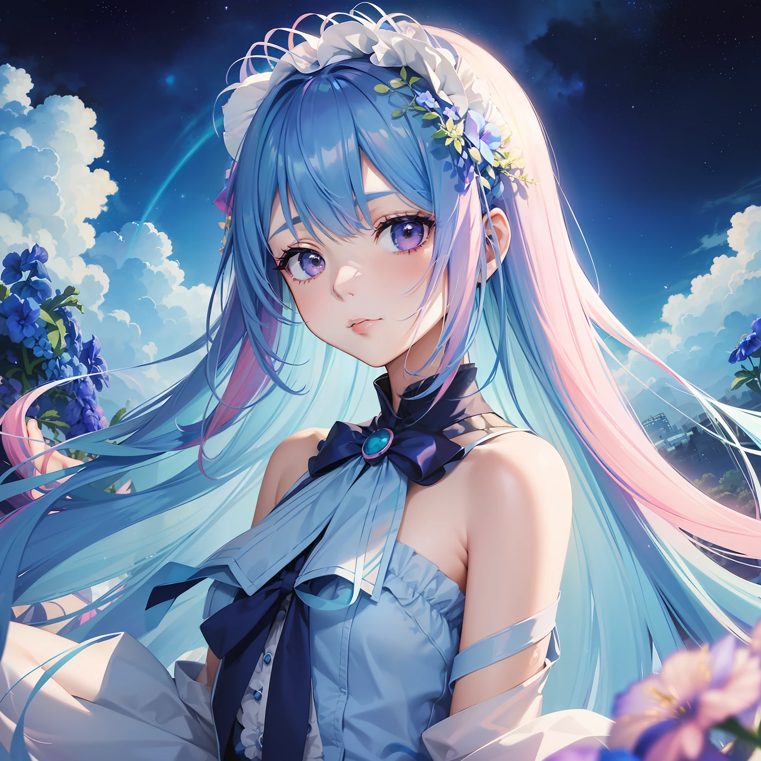 watercolor paiting(Beautifully Aesthetic:1.2)、(1girl in:1.3)、(Delphinium hair、colourful hair、Half blue and half pink hair:1.2)、Eau、liquids、natta、colourfull、starrysky、stele、nigh sky、a dark night、Sad face、arrogant、syota