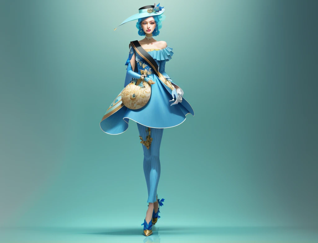 Arapi wore a blue dress，Wearing a hat，There is a bird on it, fashion design, fashion concept art, detailed fashion illustration, high fashion design, clothing design, luxury fashion illustration, fashion illustration, fashion designer, inspired by Giambattista Pittoni, designer fashion, Fashion pose, Inspired by Gao Qipei, fashion art, inspired by Liu Haisu