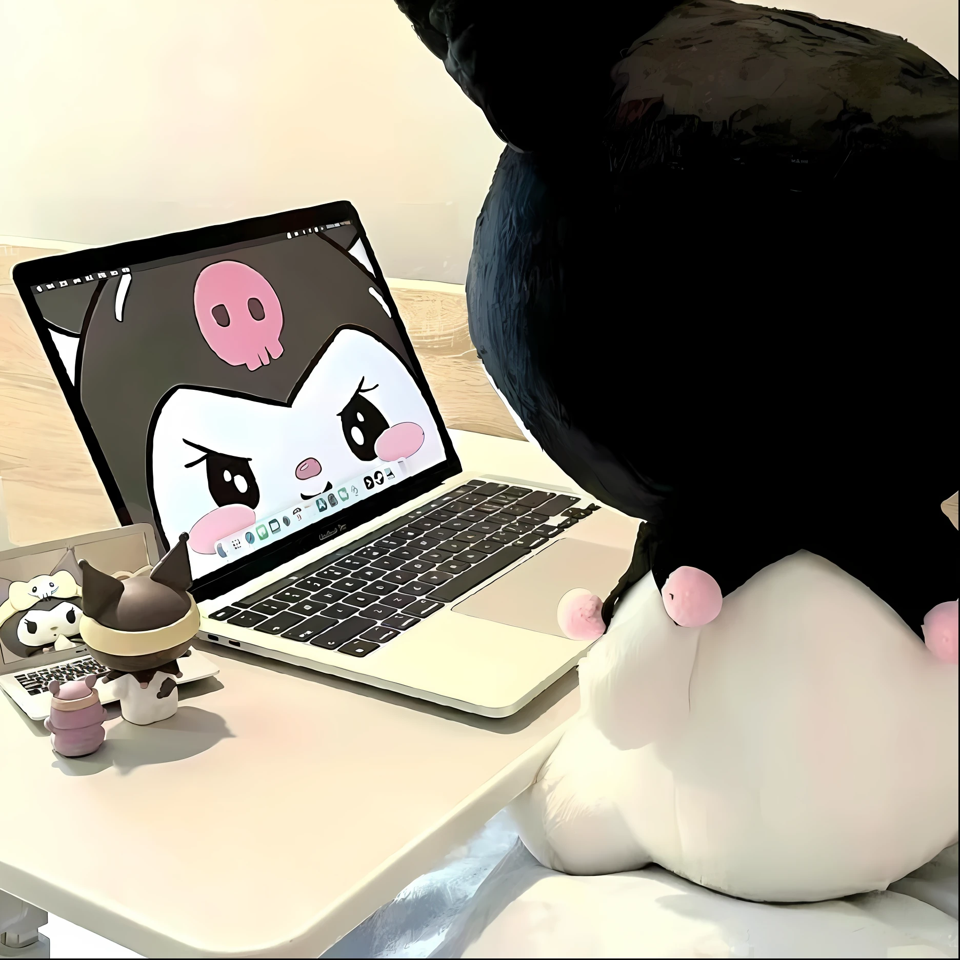 There is a cat sitting on a table next to his laptop, maplestory mouse, plushie photography, pingu sitting behind a computer, Gummies, plushies, Chuan Ai, sitting in front of the computer, plush mascot, plushies, A laptop is placed on his lap, using a macbook, nixeu and sakimichan, working in her laptop computer