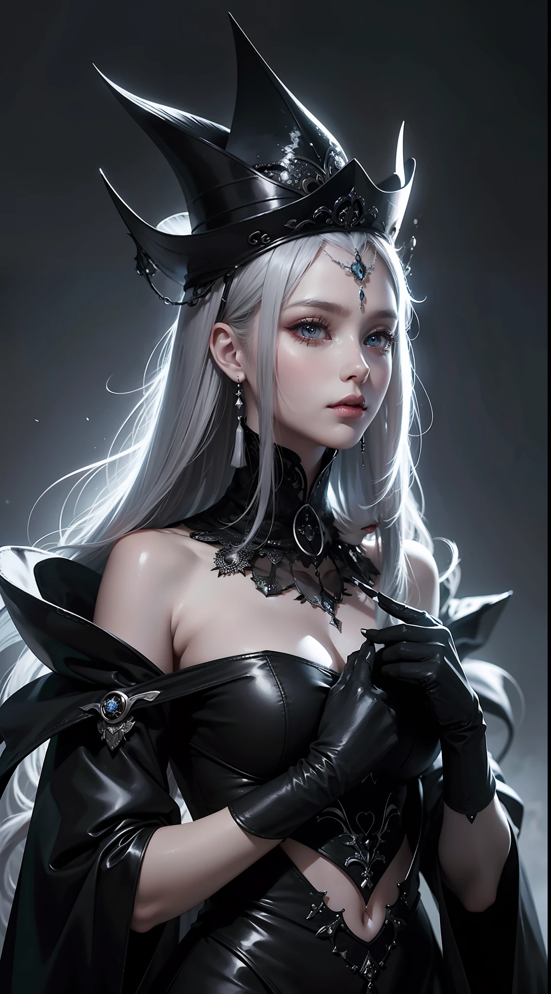 Close-up of a woman wearing a silver hat and tassels,wearing a black dress,Cool, Confused eyes,glittery,Zhang Jingna, Beautiful digital artwork, stefan gesell, beautiful avatar picture, stunning digital art, gorgeous digital art, digital fantasy art ), Fantasy photography, beautiful gorgeous digital art, beautiful digital art, Very Beautiful Digital Art, stunning digital illustration, stunning cgsociety, natalie shau, Amazing digital art