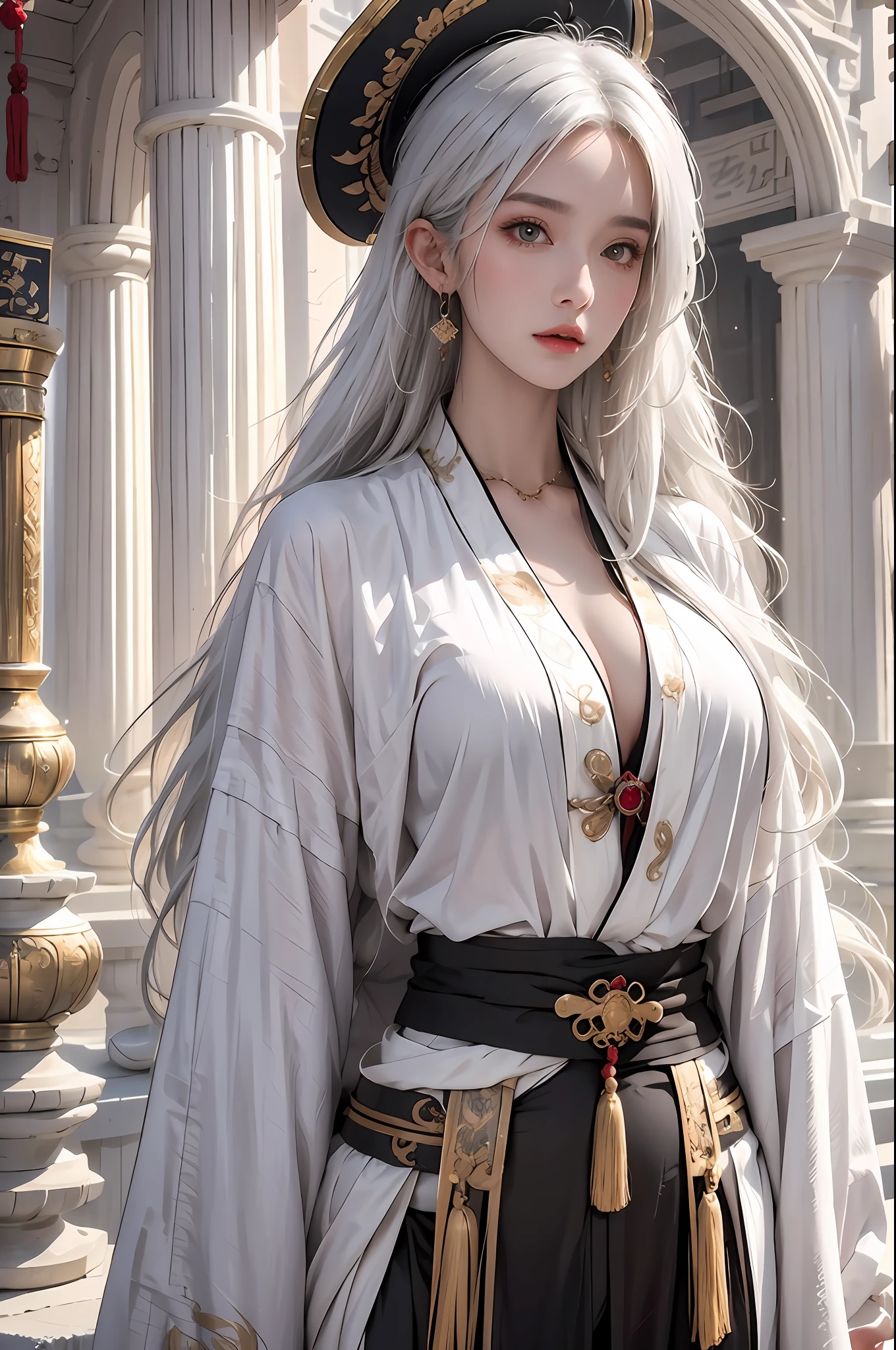 photorealistic, high resolution, soft lights, 1women, solo, hips up, look at viewer, (detailed face), white hair, long hair, colorful Taoist robe,oversized clothes, midjourney portrait, jewelry