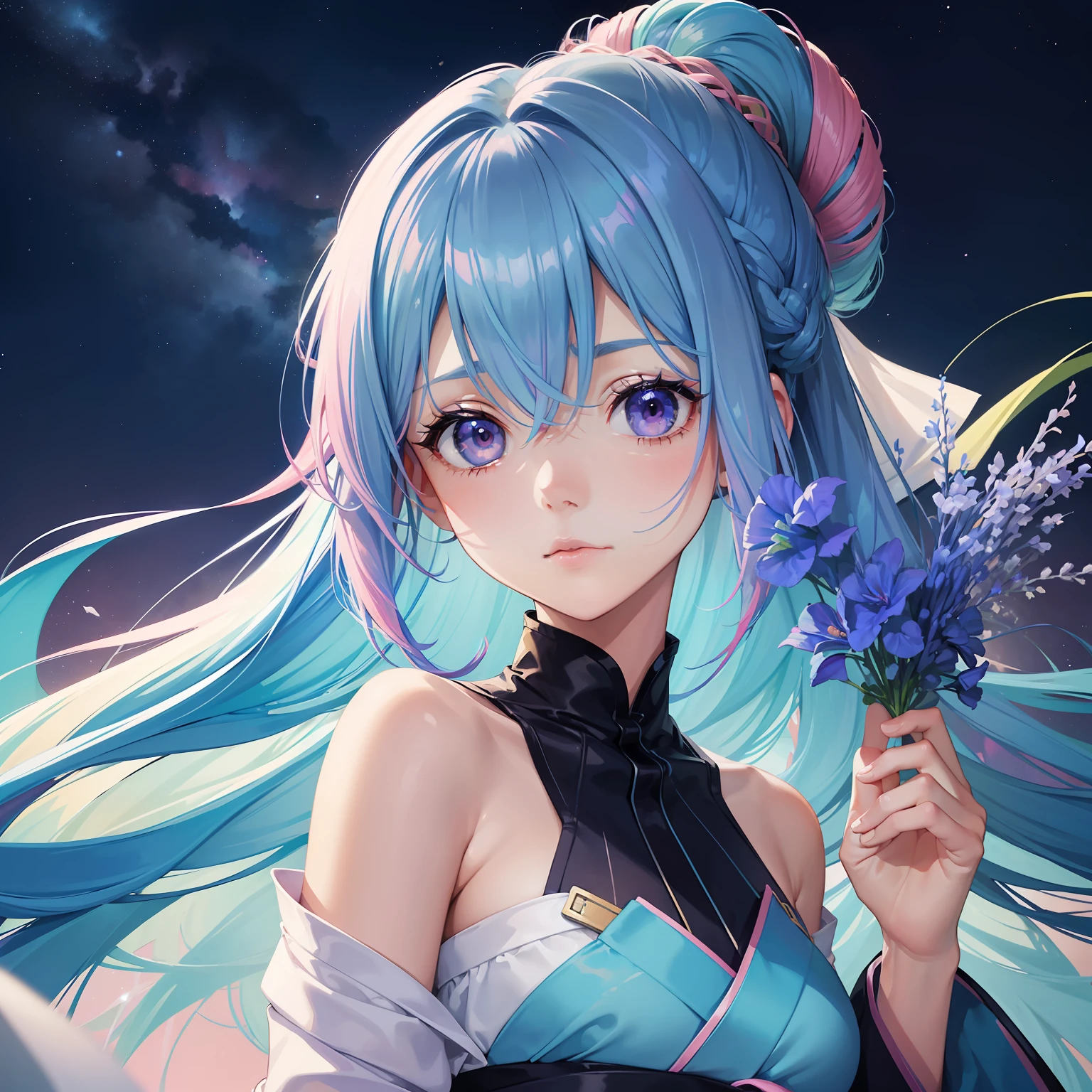 watercolor paiting(Beautifully Aesthetic:1.2)、(1girl in:1.3)、(Delphinium hair、colourful hair、Half blue and half pink hair:1.2)、Eau、liquids、natta、colourfull、starrysky、stele、nigh sky、a dark night、Sad face、proud、syota、Japanese dress