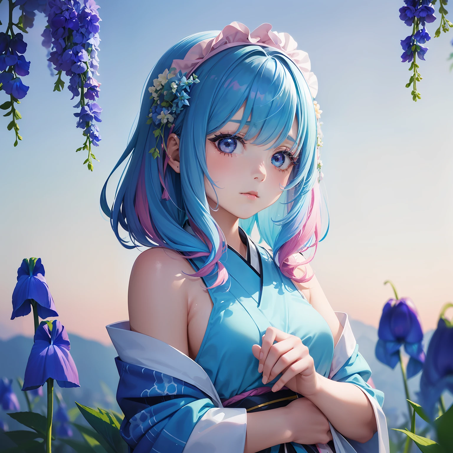 watercolor paiting(Beautifully Aesthetic:1.2)、(1girl in:1.3)、(Delphinium hair、colourful hair、Half blue and half pink hair:1.2)、Eau、liquids、natta、colourfull、starrysky、stele、nigh sky、a dark night、Sad face、proud、syota、Japanese dress