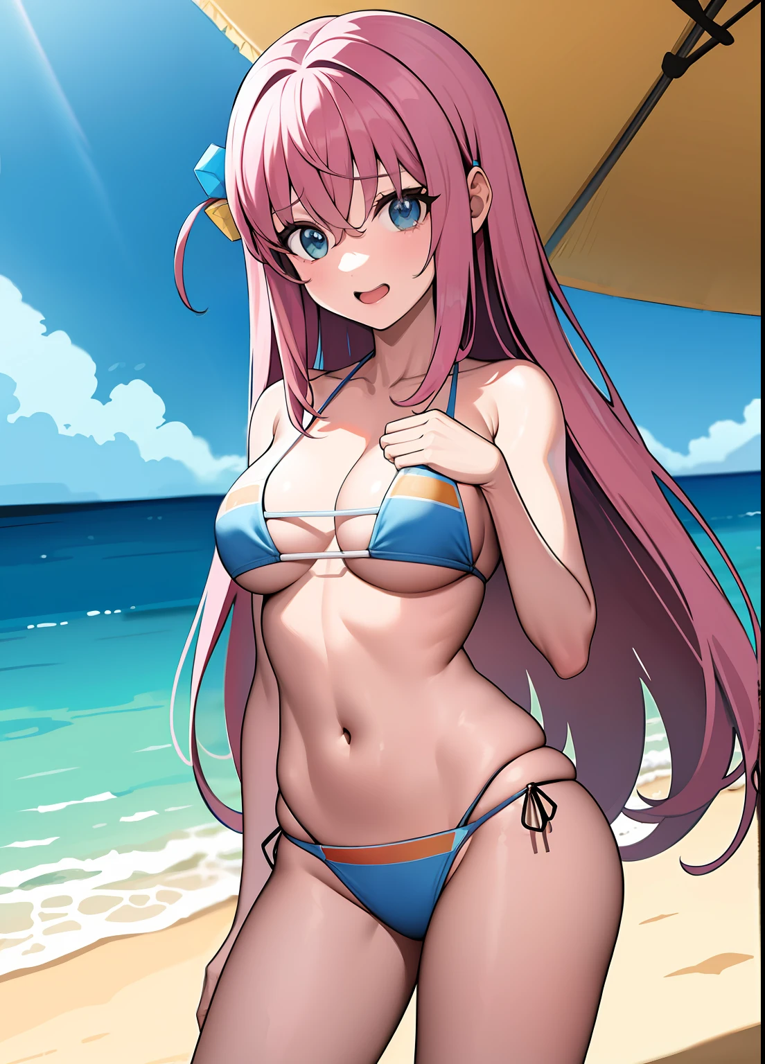 masterpiece, best quality, highres, gotou1, gotou hitori, solo, bikini, beach, looking at viewer, cowboy shot,