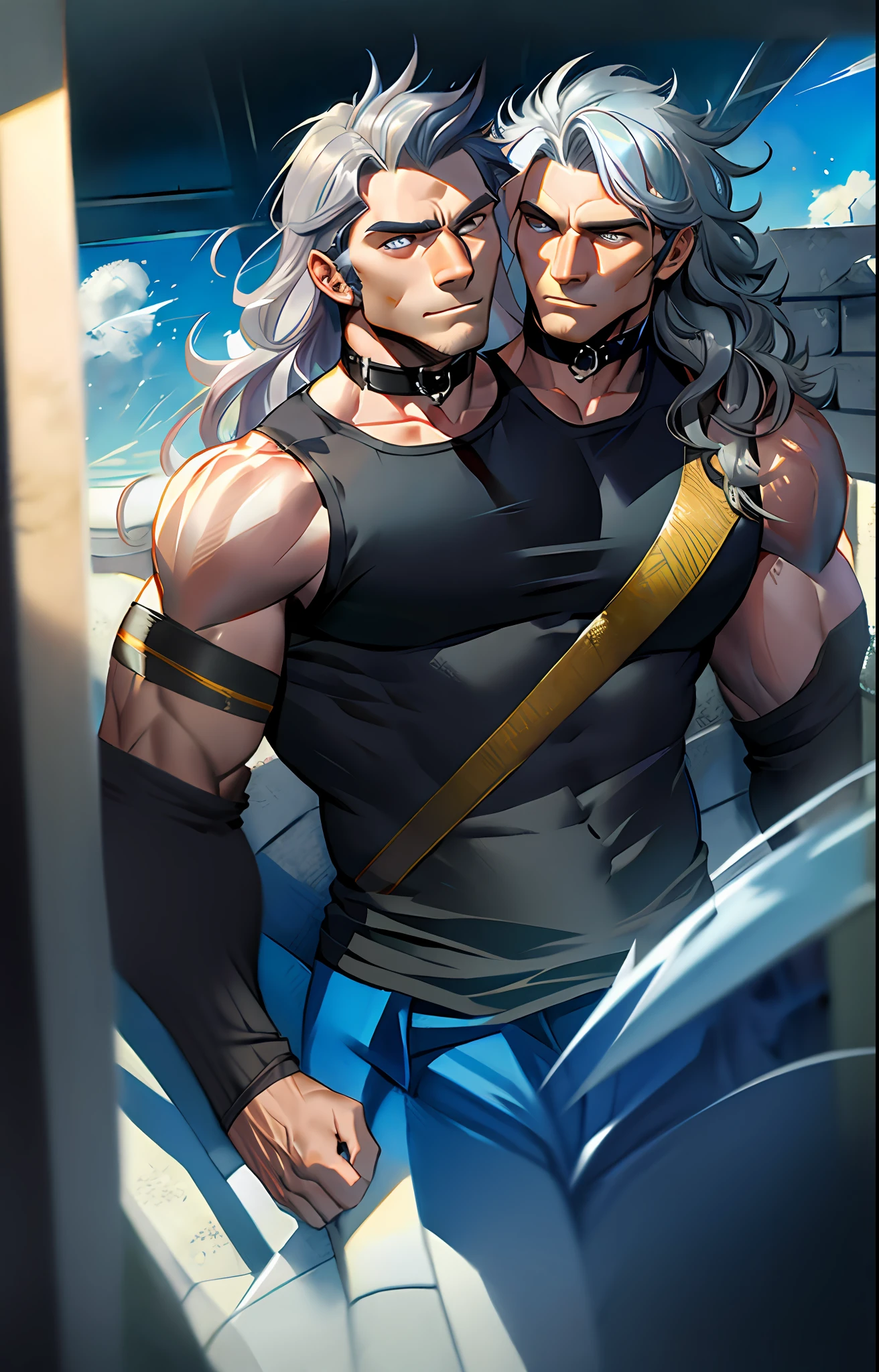 masterpiece, best quality, realistic, 1man, mature male, skinny muscular body, wide chest, broad shoulders, handsome, silver hair, angular jaw, extremely detailed eyes, relaxed lips, big arms, perfect face, black_sleeveless_shirt, long_sleeves, open chest, revealing clothes, Sunlight, Swirling wind, wavy long hair, Octane render, God_rays, black animal collar, novel illustration of, two heads, second head visibly younger