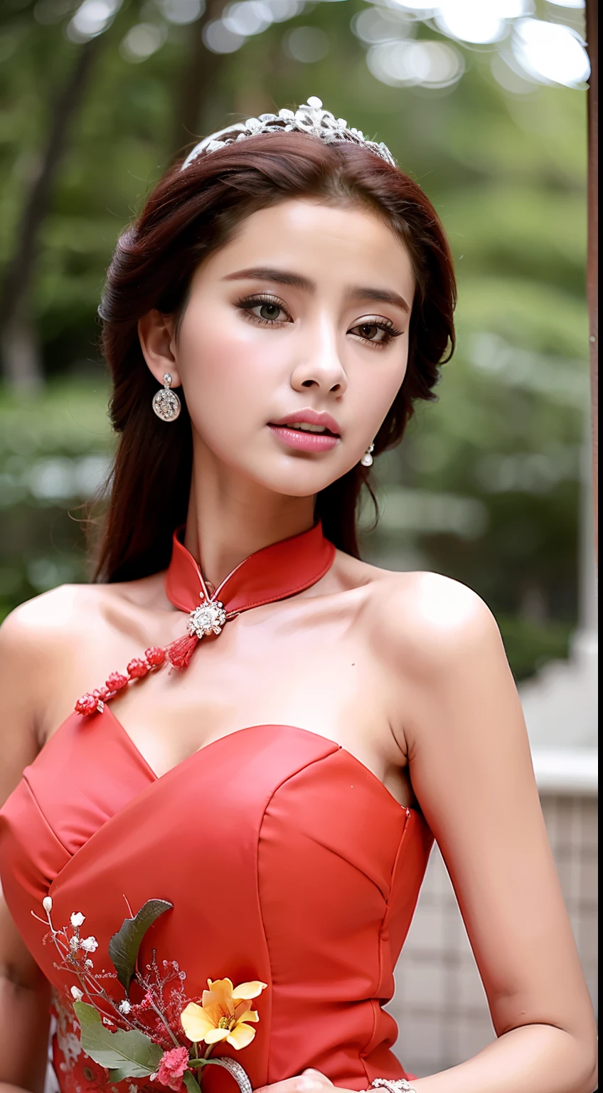 Fashion model 18 years old [[[[closeup cleavage]]]], [[[[boobgasm]]]], [[[[coll]]]], [[[[bshoulders]]]], perfect  eyes, Perfect iris，Perfect lips，perfect teeth，Perfect skin，Long face，slender nose，Soft front light，hdr，Movie girl，Red cheongsam，Green cheongsam，White cheongsam，long whitr hair，Long hair with a shawl，Long hair like a waterfall，Green trees and flowers in the background，（pastel colour：1.2）