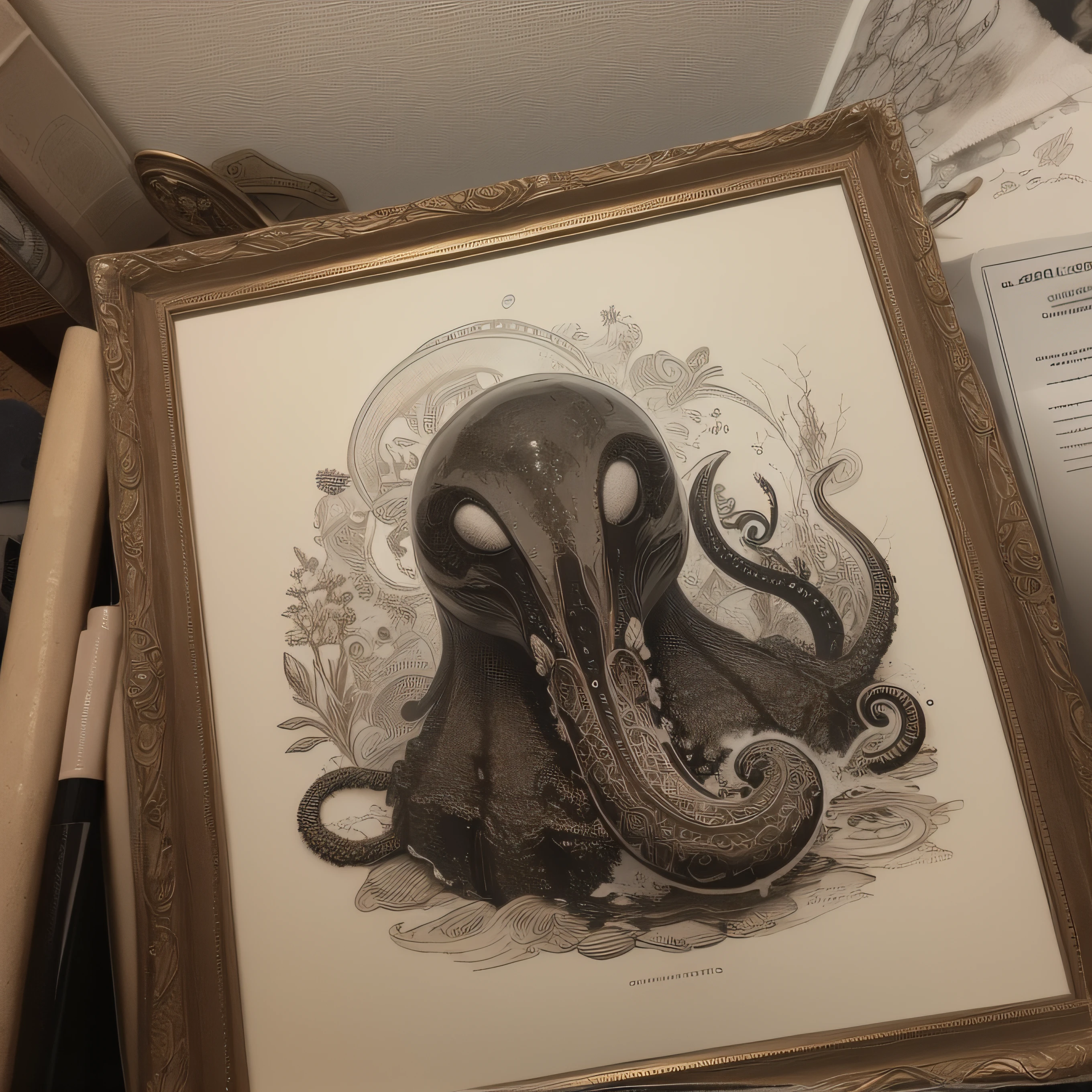 (extremadamente detallado, obra maestra, La mejor calidad), Estilo oscuro, intense illumination, rostro con arrugas, lengua larga, tentacle, deforme, monstruoso, interior de una piscina de agua verdosa, imagen submarina, alien con Colmillos finos, pico de pulpo amenazante. manchas de tinta. Rococo composition. Luz de caravaggio