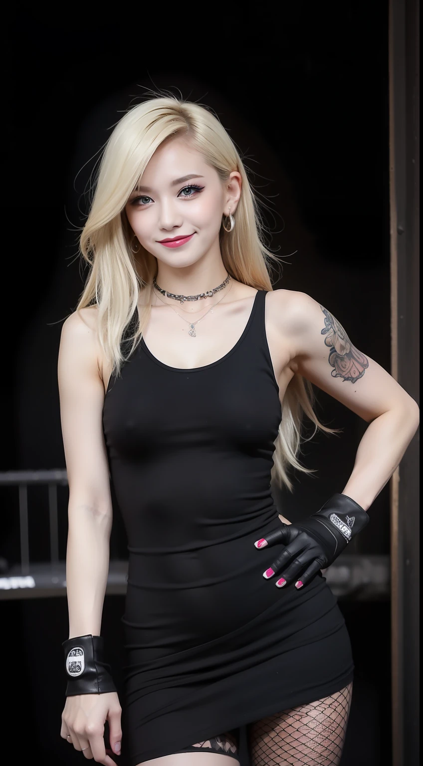 (masterpiece), best quality, expressive eyes, perfect face, black stocking, black tanktop, little smile , gloves, blonde, armpit, straddle, tight dress, big boobs, necklace, earing, punk, rock, emo, long hair, tattoo Korean girl, UFC girl, 2 girls, Bigg ass, butt, armpit