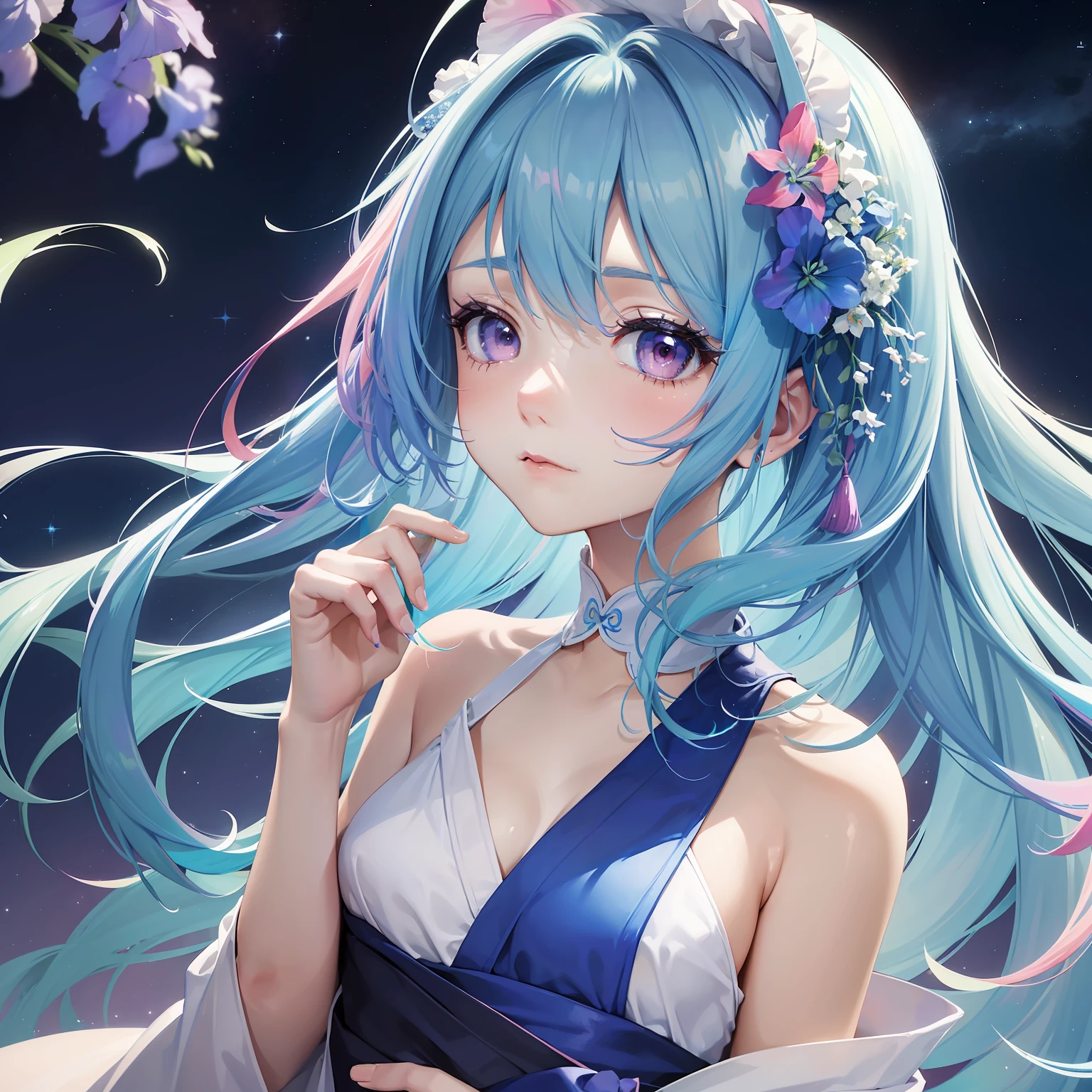 watercolor paiting(Beautifully Aesthetic:1.2)、(1girl in:1.3)、(Delphinium hair、colourful hair、Half blue and half pink hair:1.2)、Eau、liquids、natta、colourfull、starrysky、stele、nigh sky、a dark night、Sad face、Proud、syota、Japanese dress