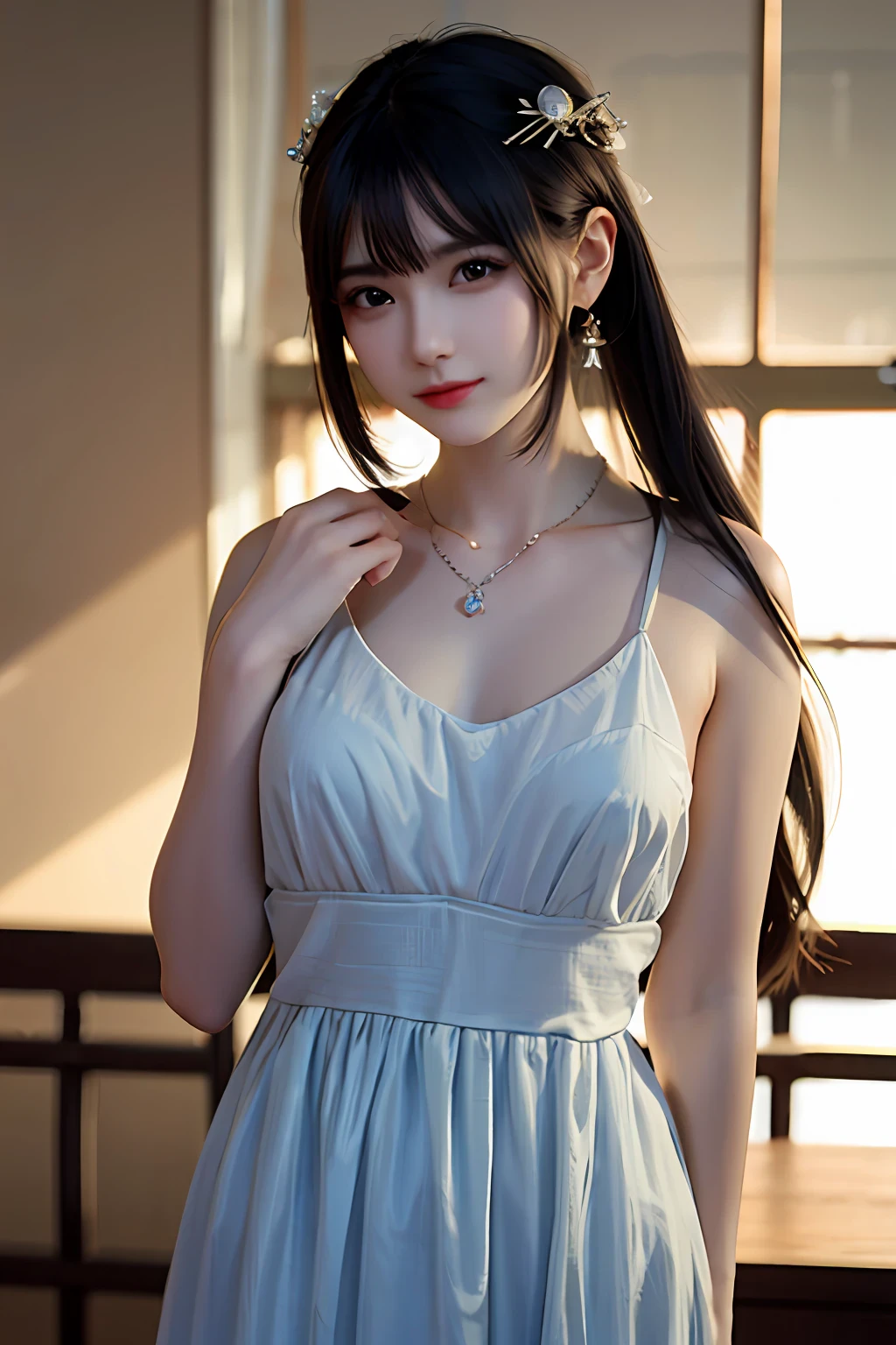 Best quality, Masterpiece, A high resolution, 1girll,china dress,hair adornments,necklace, jewelry,Beautiful face,after sexing_Body, Tyndall effect,Photorealistic, Dark Studio, rim lit, twotonelighting,(highdetailskin:1.2), 8K UHD, Digital SLR, Soft lighting, High quality, voluminetric lighting, candid, photographed, high resolution, 4K, 8K, Bokeh, .Jinstyle, Building