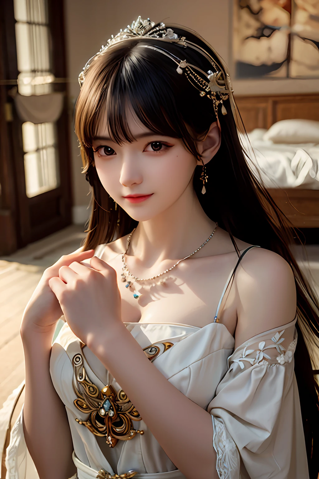 Best quality, Masterpiece, A high resolution, 1girll,china dress,hair adornments,necklace, jewelry,Beautiful face,after sexing_Body, Tyndall effect,Photorealistic, Dark Studio, rim lit, twotonelighting,(highdetailskin:1.2), 8K UHD, Digital SLR, Soft lighting, High quality, voluminetric lighting, candid, photographed, high resolution, 4K, 8K, Bokeh, .Jinstyle, Building