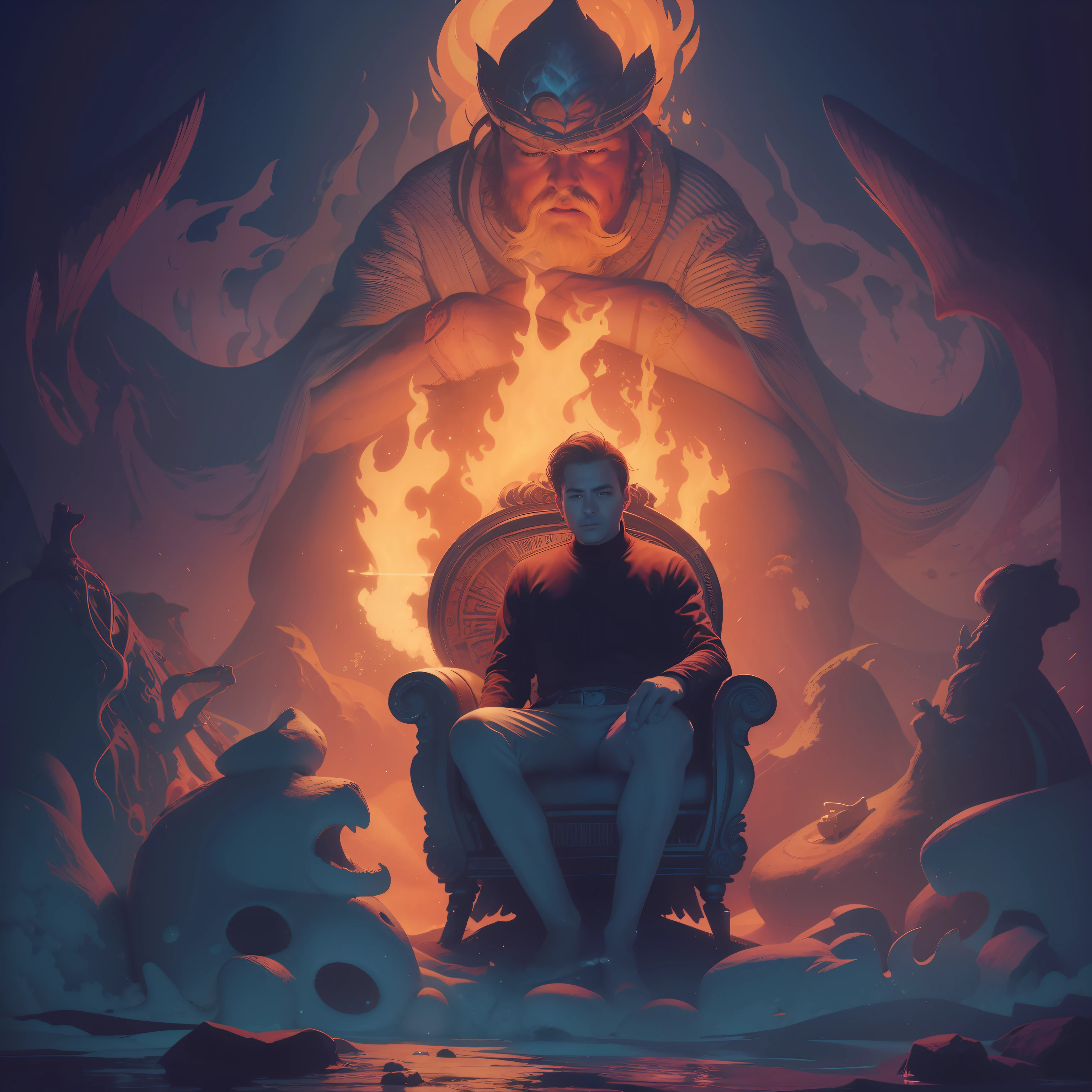 illustration of a man sitting on a chair with a fire in his head, sitting in his throne underwater, dramatic illustration, sitting down, tom hammick, colored illustration, surreal illustration, illustrative art, illustrative, burning down, overload, by Josan Gonzalez, by Yuko Shimizu, sitting on obsidian throne, digital illustration