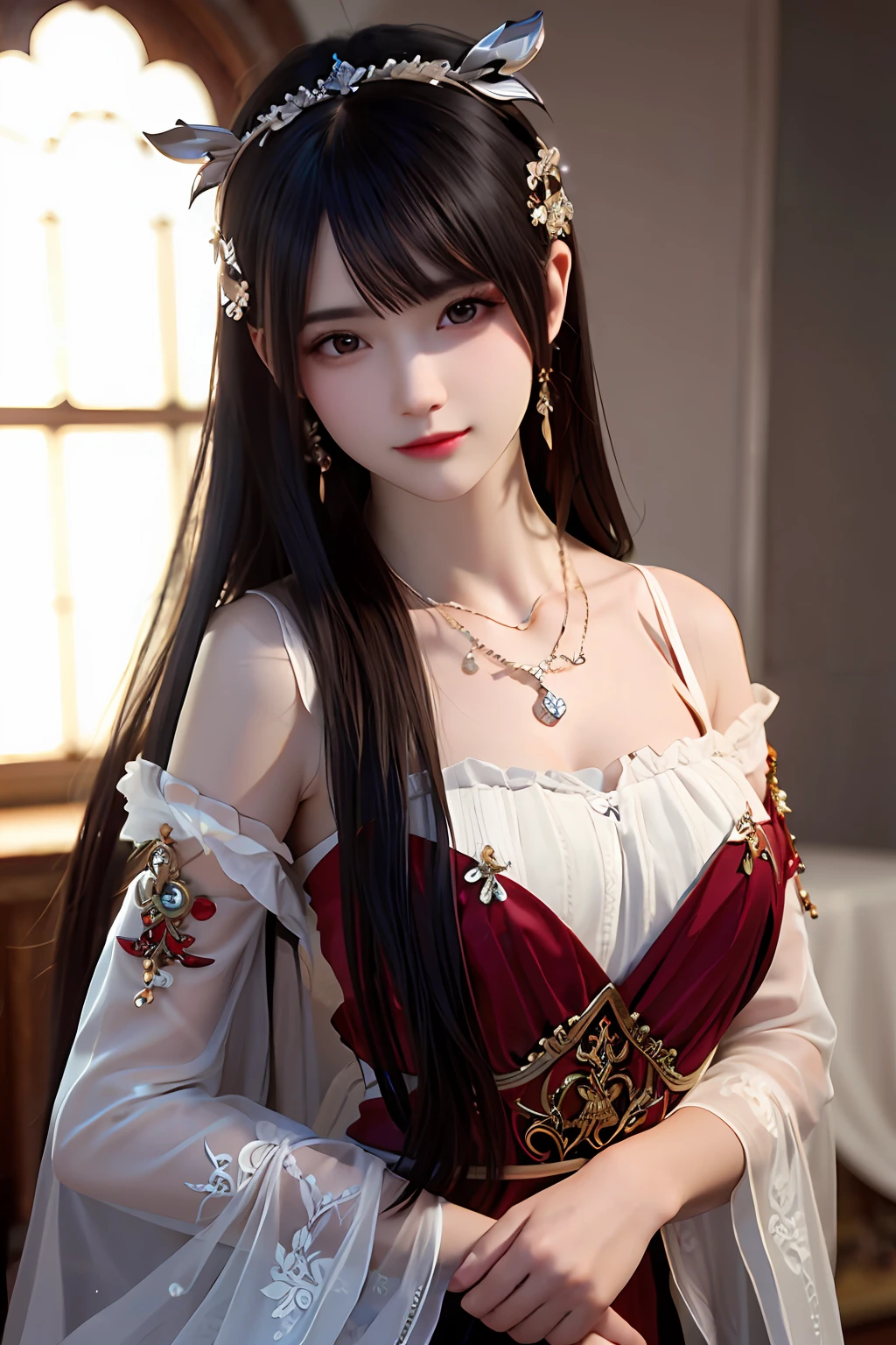 Best quality, Masterpiece, A high resolution, 1girll,china dress,hair adornments,necklace, jewelry,Beautiful face,after sexing_Body, Tyndall effect,Photorealistic, Dark Studio, rim lit, twotonelighting,(highdetailskin:1.2), 8K UHD, Digital SLR, Soft lighting, High quality, voluminetric lighting, candid, photographed, high resolution, 4K, 8K, Bokeh, .Jinstyle, Building