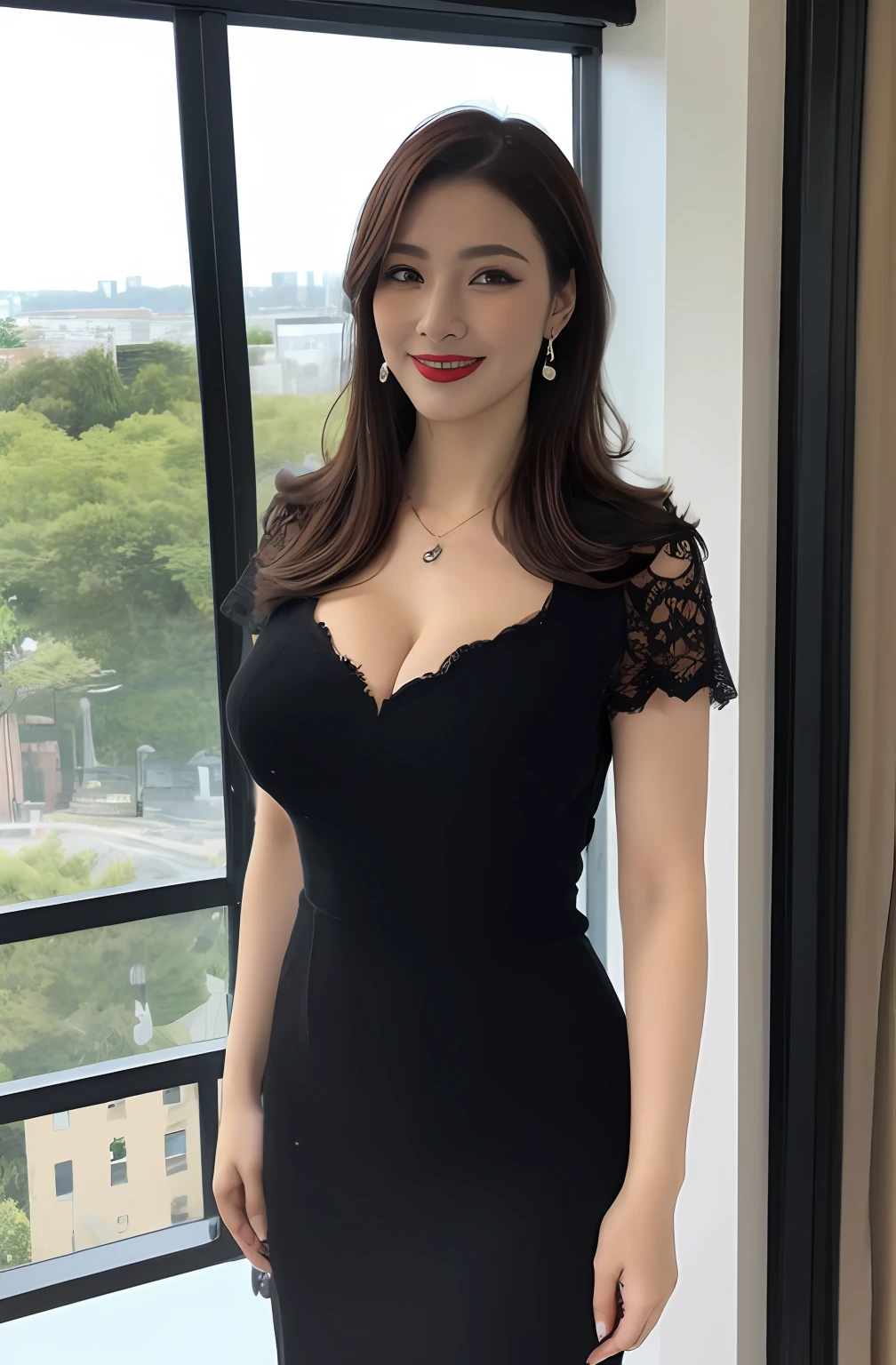 Highly detailed 8k wallpaper), sharp focus, full body, detailed, dramatic, delicate and beautiful Woman, (perky uplifted breasts:1.1), cleavage, chic lace embossed business dress, Half Butterfly Earrings, Double Ring Necklace, (Evil Smile:1.05), (45 years old, : 1.4), (Heavy, Fat Body: 1.4), Makeup, (Lipstick: 1.1), (Eyeliner: 1.2), Mascara, Eyeshadow, Wavy Hair, Dynamic Angle, ( plus size model), (red lips)graphics beautiful, Modern office with a view, wide windows, show your whole body, standing by window,