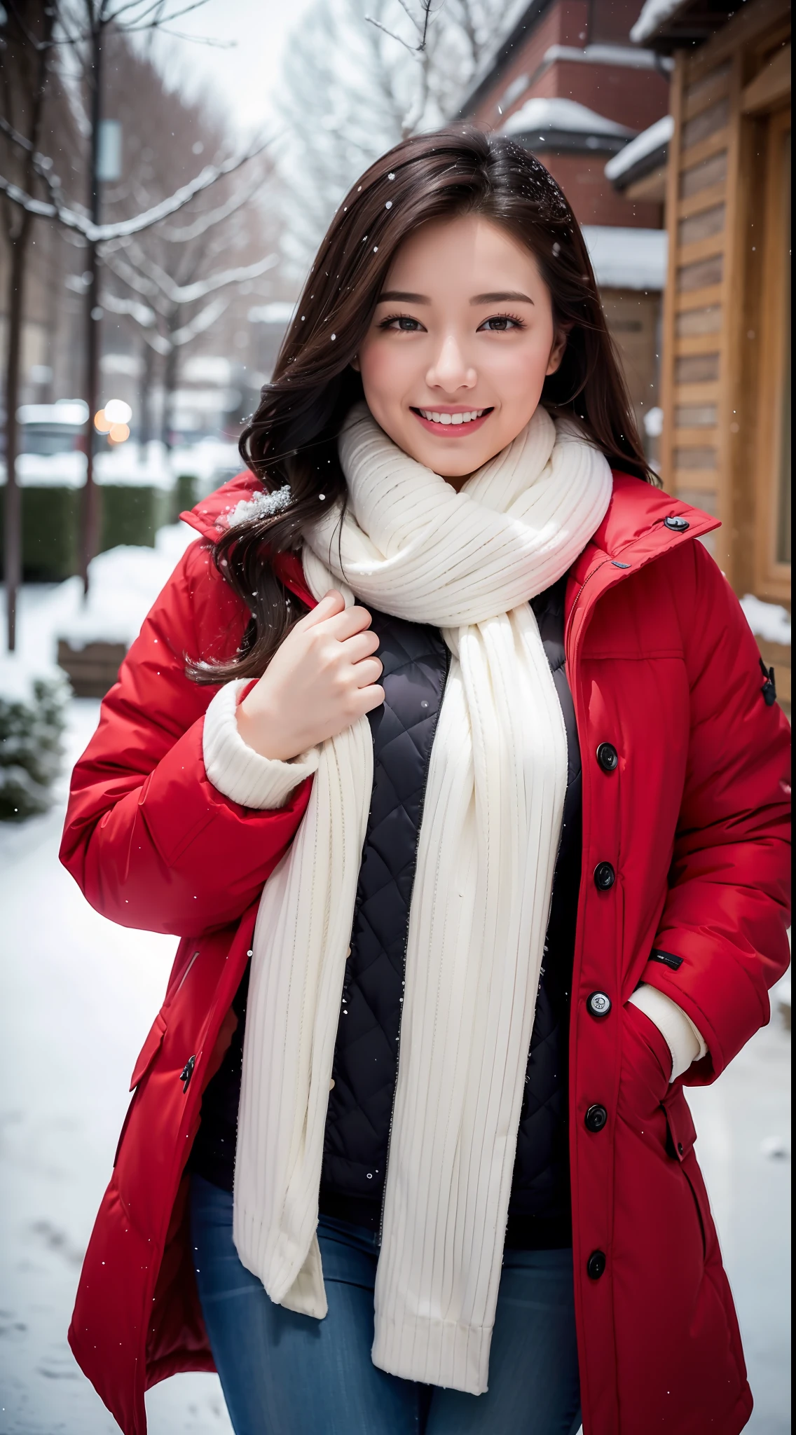 Enhanced dynamic perspective，Sexy beautiful girl，Winters，nevando，Snowflakes flying，（Lots of snowflakes：1.4），snow cover，Black and red down jacket coat，Woolen thick scarf，Look at me and smile，simple backgound，Works of masters，high qulity，4K分辨率，super-fine，Detailed pubic hair，Accurate，Cinematic lighting，