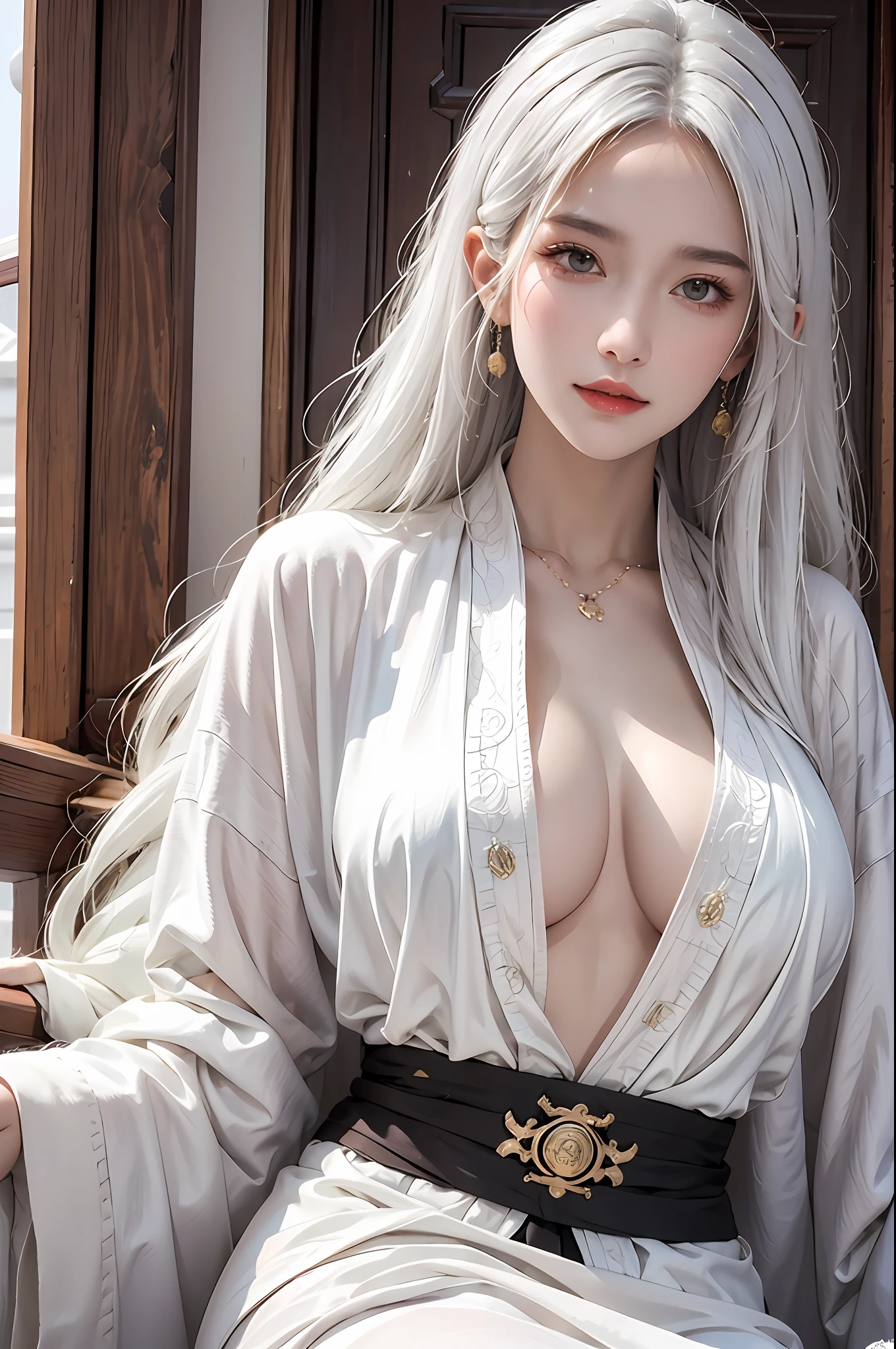 photorealistic, high resolution, soft lights, 1women, solo, hips up, look at viewer, (detailed face), white hair, long hair, colorful Taoist robe,oversized clothes, midjourney portrait, jewelry
